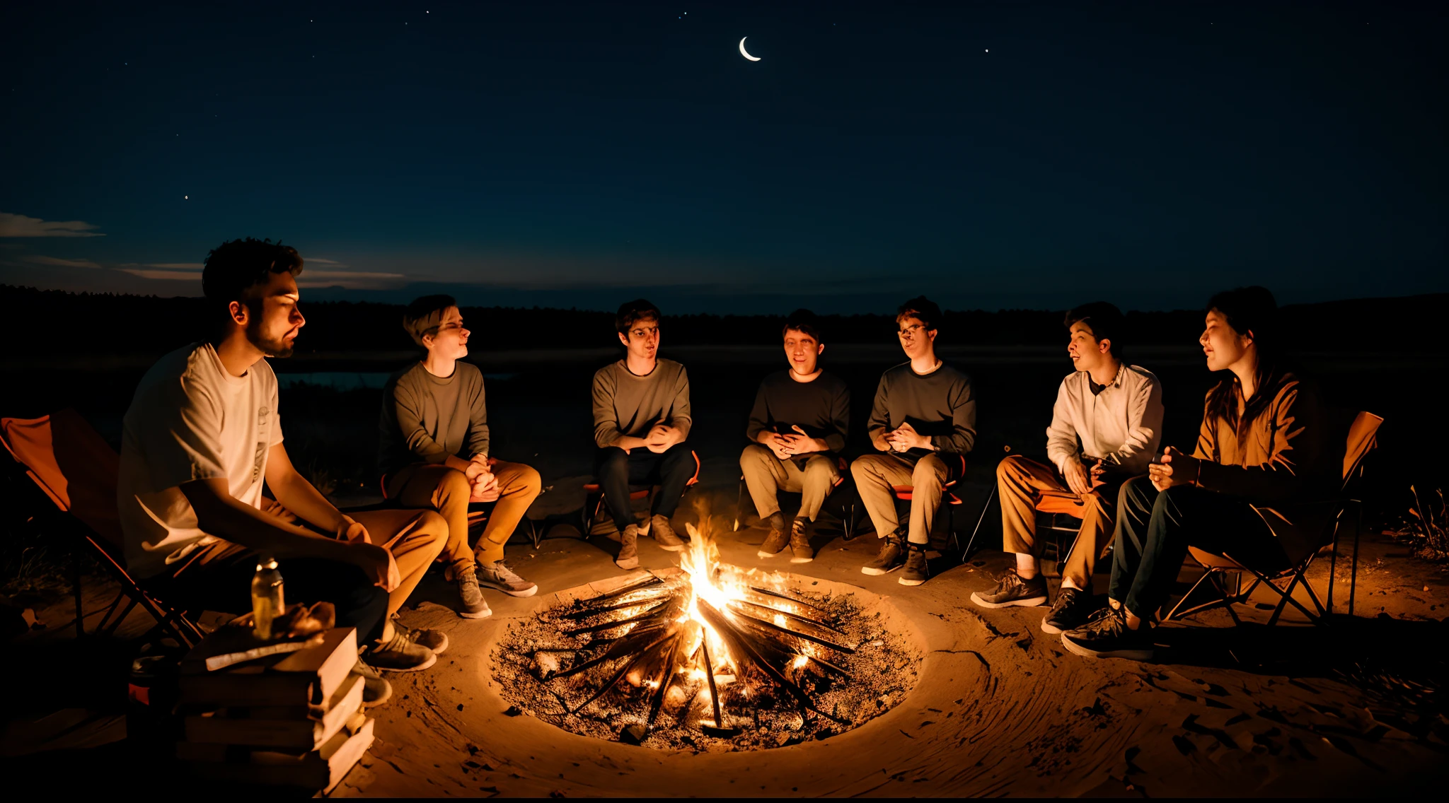 people sitting around the bonfire with a beautiful night sky and stars