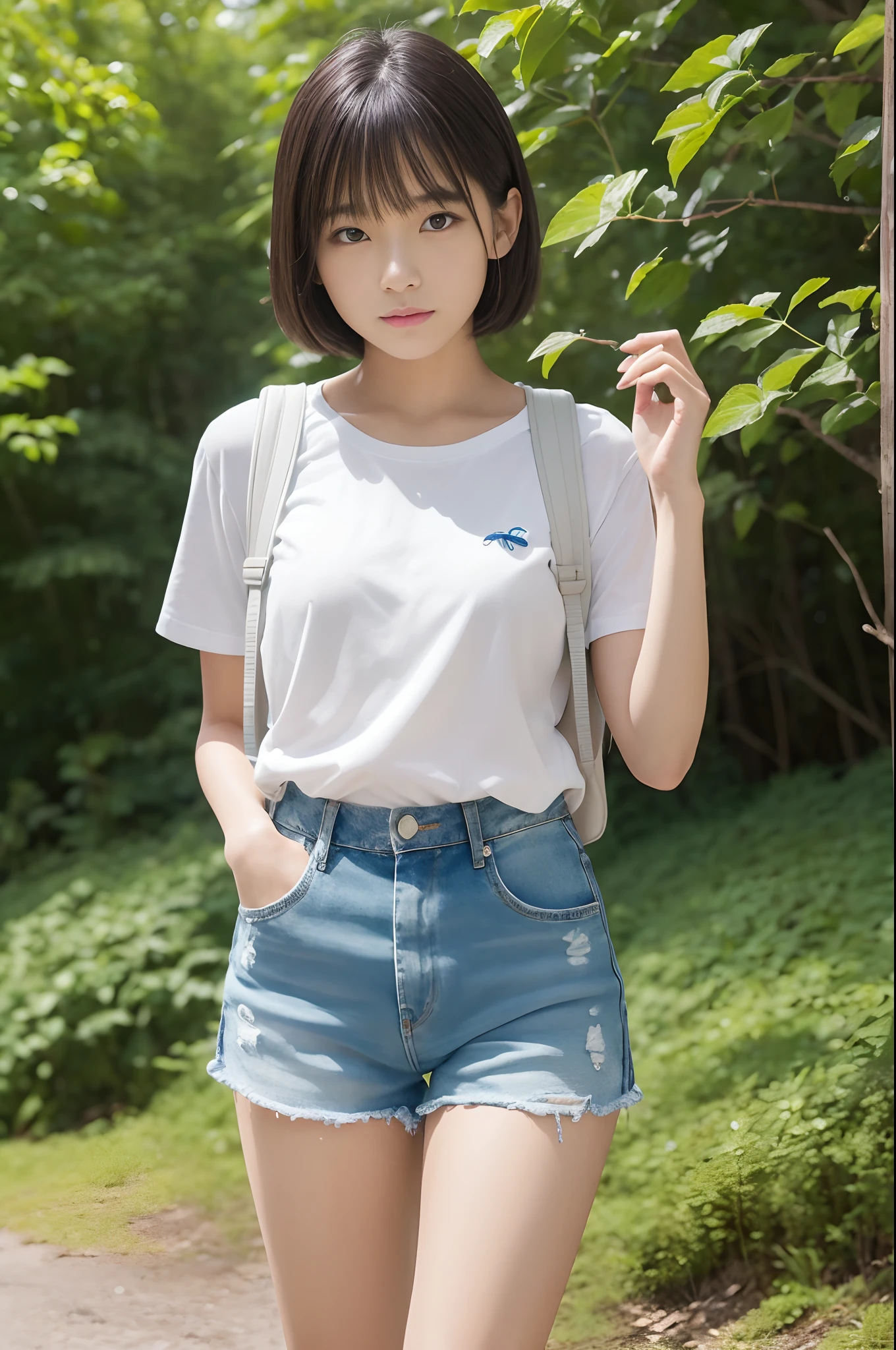 (((nffsw))), (((masutepiece))), (((8K))), (((hight resolution))), (((photographrealistic))), god rays, Zoom Layer, (((FULL BODYSHOT))), F/4.0, canon, Shiny skin,Detailed skin,Detailed face, Detailed eyes, 13-year-old Japan female idol,Traveling alone, secluded countryside, Smaller chest, Short Bob Hair, Carry your backpack, white shirt, Denim shorts, White sneakers, rich in nature, Green hills, Surrounded by forests, little white bloom, cheerful look, Pleasant weather, Blue sky with rainbows, white clouds, Birds flying in the distance, Girl Walking Out