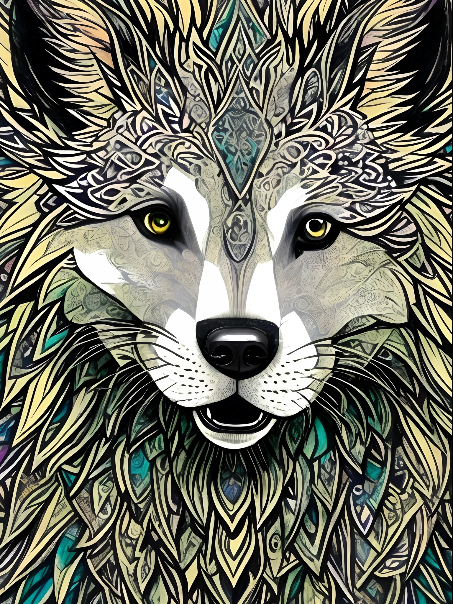 a close up of a dog's face with a pattern on it, ethereal fox, anthropomorphic wolf, hyper detailed wolf - like face, insanely intricate, stylised fox - like appearance, beautiful dog head, an anthropomorphic wolf, morphing dog head, highly detailed symmetry, super intricate, wolf head, detailed intricate fur, with symmetry intricate detailed