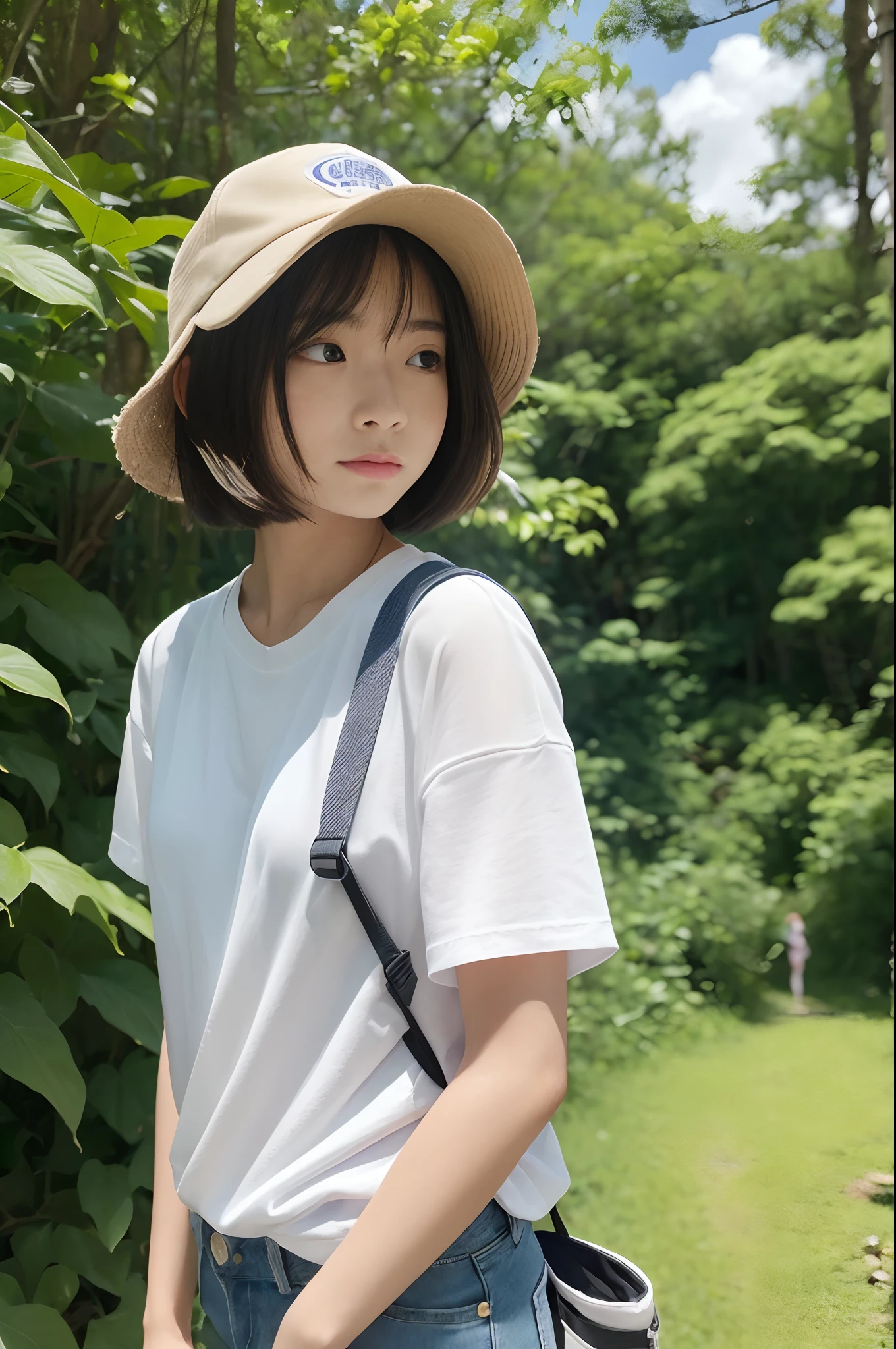 (((nffsw))), (((masutepiece))), (((8K))), (((hight resolution))), (((photographrealistic))), god rays, Zoom Layer, (((FULL BODYSHOT))), F/4.0, canon, Shiny skin,Detailed skin,Detailed face, Detailed eyes, 13-year-old Japan female idol,Traveling alone, secluded countryside, Smaller chest, Short Bob Hair, Carry your backpack, white shirt, Denim shorts, White sneakers, rich in nature, Green hills, Surrounded by forests, little white bloom, cheerful look, Pleasant weather, Blue sky with rainbows, white clouds, Birds flying in the distance, Girl Walking Out