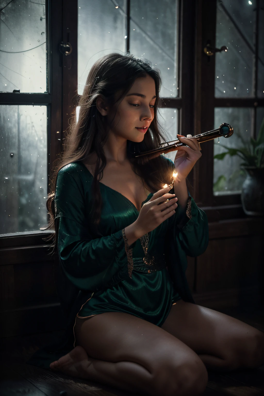 (best quality,4k,8k,highres,masterpiece:1.2),ultra-detailed,(realistic,photorealistic,photo-realistic:1.37),young witch playing flute,candle-lit dark room,mesmerizing melody,flowing robe,striking green eyes,exquisite facial features,charming smile,wisps of magical aura,flickering candlelight,vibrant colors,expressive body posture,aged wooden floor,mystical atmosphere,enchanted musical instrument,soft ethereal glow,hauntingly beautiful,subtle hints of magic,dark,rich color palette,mysterious ambiance,gentle breeze swirling,graceful movements,subtle smile playing on her lips,solemn yet captivating expression,curiosity and wonder in her eyes,rustling leaves outside the window,enchanted evening,whispering shadows,dreamlike,otherworldly,ethereal music,silent symphony,lost in melodies of the night,luminous moonbeam,spellbinding enchantment,tranquil night scene