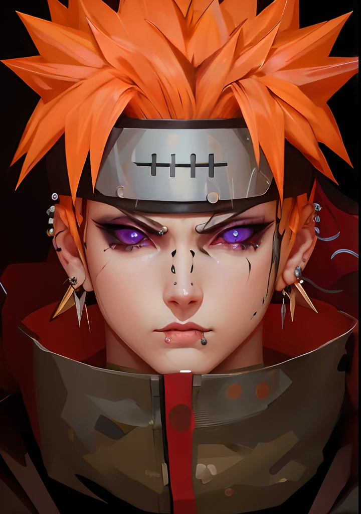 Hyperrealistic version of Pain, rinnegan eyes purple, black piercings, hyperdetailled, hyperrealistic