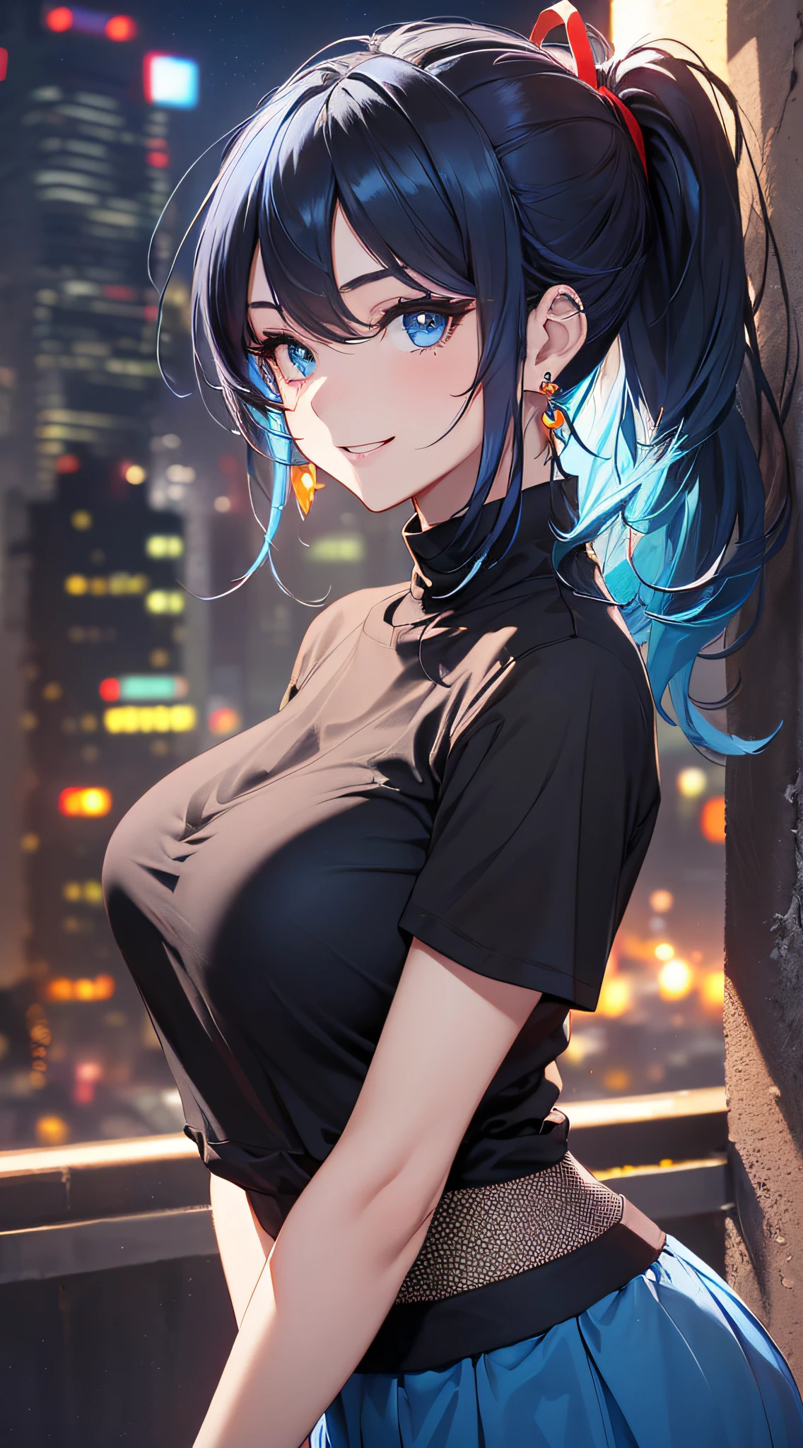 top-quality、Top image quality、masterpiece、girl with((18year old、Best Bust、Medium bust、Bust 85,Beautiful blue eyes、Breasts wide open,Black Short Sleeve T-Shirt、White see-through、Black short skirt、Ponytail with black hair、Smile Face、Beautiful blue earrings、A slender、Leaning forward、Blue hair mesh、sparking eyes,))hiquality、Beautiful Art、Background with((Red and blue lighting、Beautiful city at night)),masutepiece、Elaborate design、visualart、depth of fields、The best lighting、highestdetailed、8k