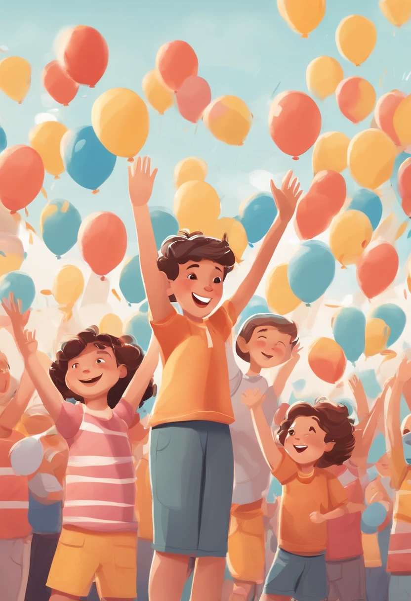 ('s Day illustration), Three children dressed in casual sportswear raise their hands and clap on the football field, qui est lumineux et chaleureux, surrounded by banners and balloons, et les acclamations de la foule. The characters occupy a small part of the image.