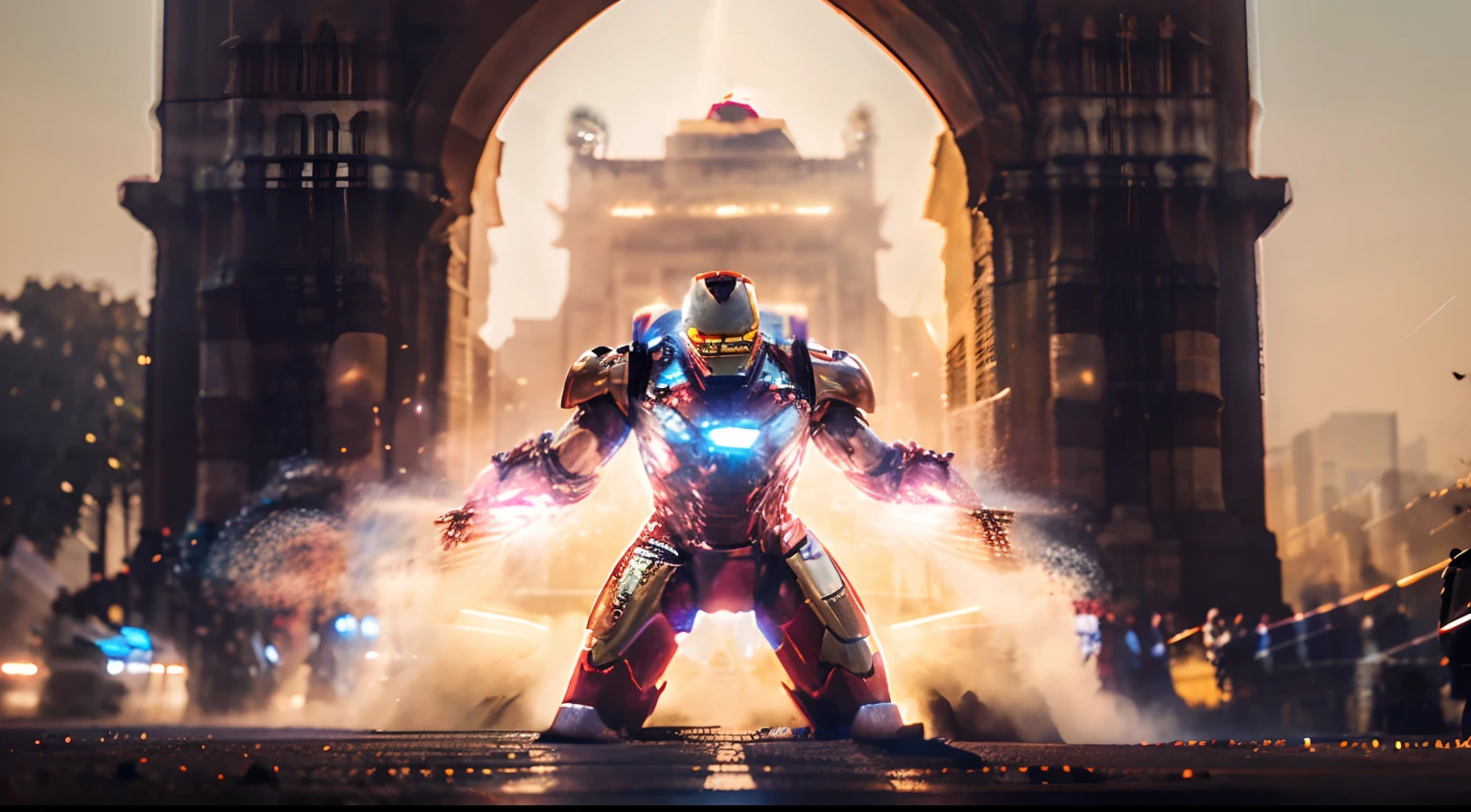 Iron man in Delhi India gate protecting it from falling, realistic,4k quality, Marvel like detailing, cinematic shot ,wide angle