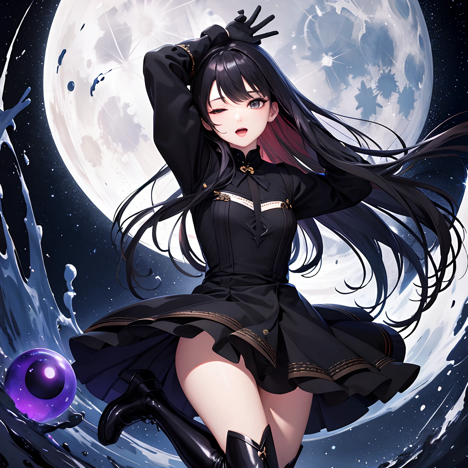 (​masterpiece、top-quality、top-quality、Official art、Beautifully Aesthetic:1.2)、(1girl in)、ighly detailed、(Fractal Art:1.3)、colourfull、Maximize full-body detail,Black Dress, frilld, length hair, Floating hair, microphone, holding the mic, one eye closed, open open mouth, A smile, long boots, Midori Boots, skirt by the, Black eyes, is standing, Standing on one leg, gloves, Black Gloves, stage, Raise your legs, Floating hair, with arms up, Look at viewers, bangss, , blured background, a moon