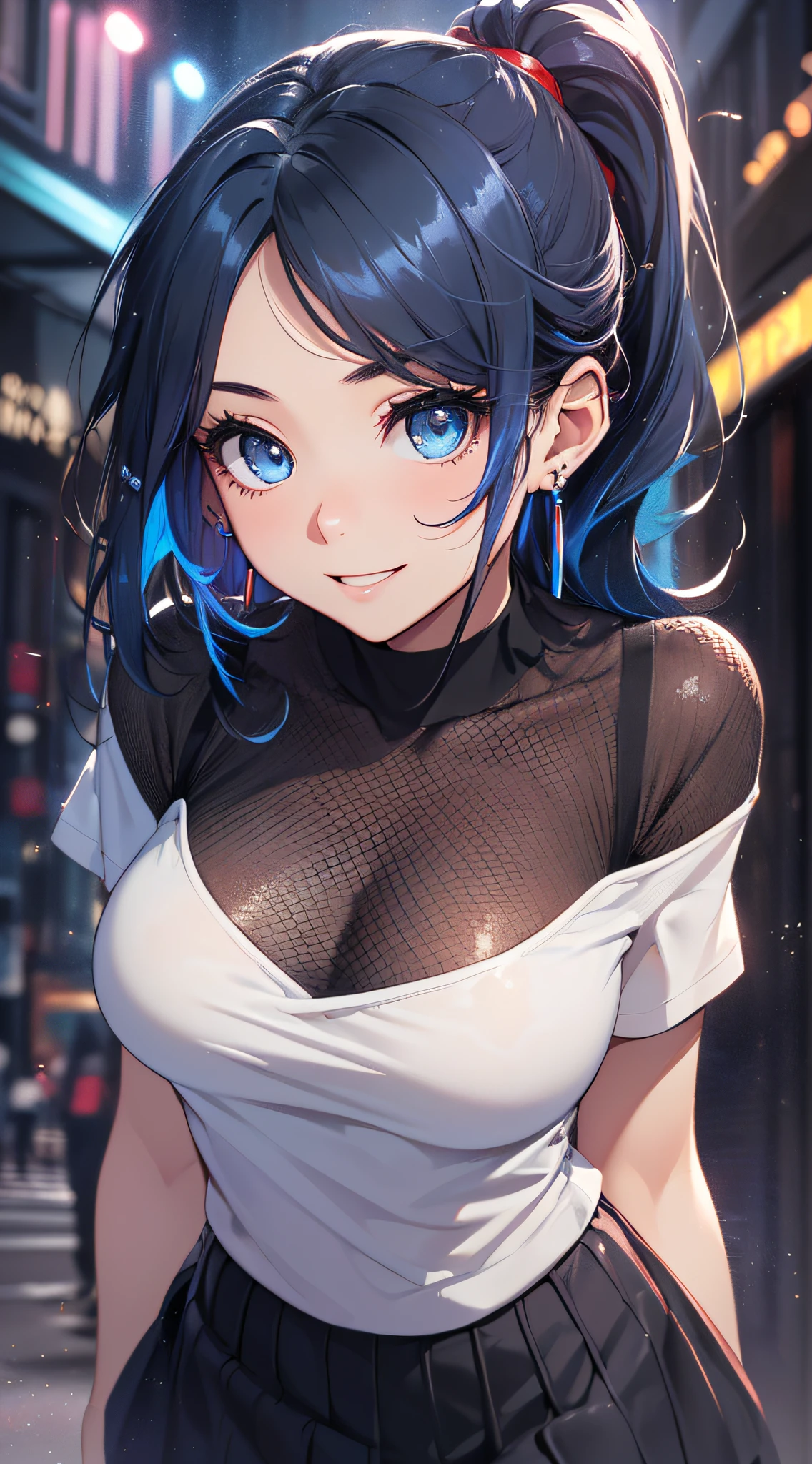 top-quality、Top image quality、masterpiece、girl with((18year old、Best Bust、Medium bust、Bust 85,Beautiful blue eyes、Breasts wide open,Black Short Sleeve T-Shirt、White see-through、Black short skirt、Ponytail with black hair、Smile Face、Beautiful blue earrings、A slender、Leaning forward、Blue hair mesh、sparking eyes,))hiquality、Beautiful Art、Background with((Red and blue lighting、Beautiful city at night)),masutepiece、Elaborate design、visualart、depth of fields、The best lighting、highestdetailed、8k