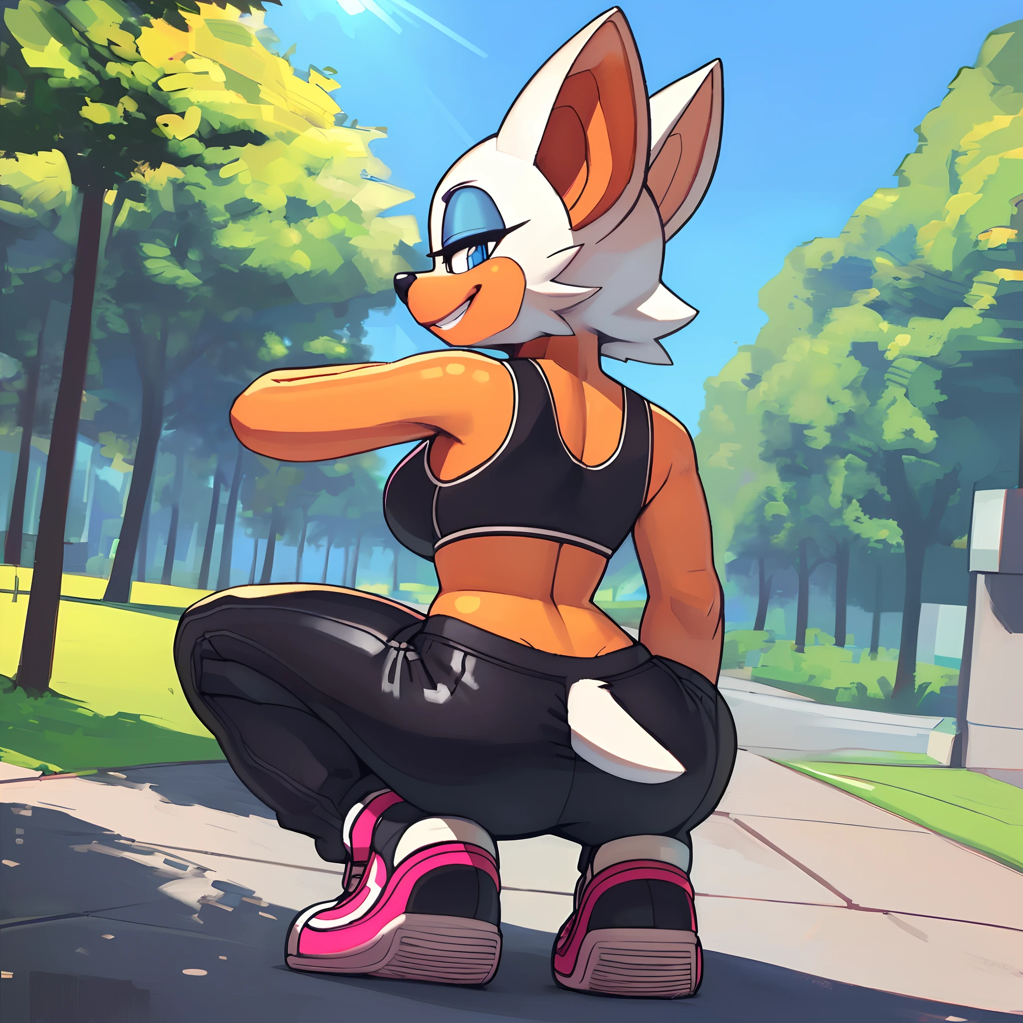 [Rouge the bat], [Uploaded to e621.net; (Pixelsketcher), (wamudraws), (napalm_express)], ((masterpiece)), ((HD)), ((High Quality)), ((furry)), ((solo portrait)), ((back view)), ((full body)), ((shoes visible)), ((detailed fur)), ((detailed shading)), ((cel shading)), ((beautiful render art)), ((intricate details)), {anthro, (white fur), (orange skin), black nose, bat ears, cute blue eyes, (blue eyeshadow), short tail, (gorgeous hips), (beautiful legs), (smug smirk), (grin)}, {(black pink-striped sports bra), (tight black track pants), (pink-white sneakers)}, {(squatting), (looking back)}, [background; (sidewalk), (park), (grass), (trees), (sun rays through trees), (blue sky)]