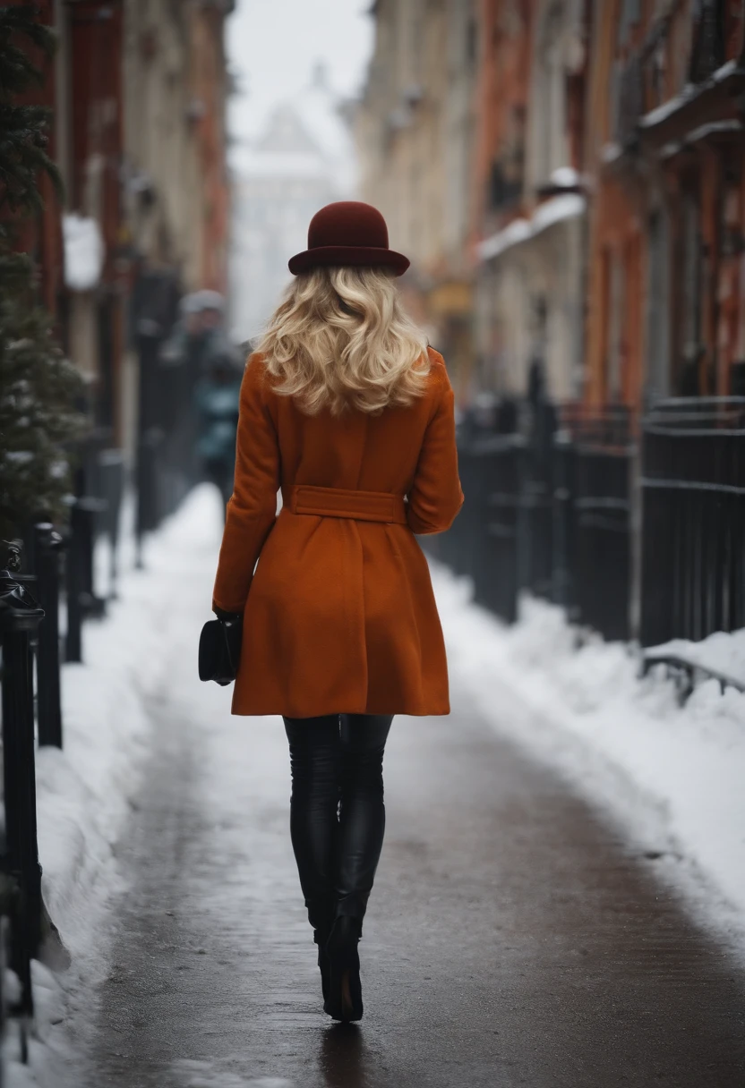 jeune femmeblonde qui marche dans la rue enhiver