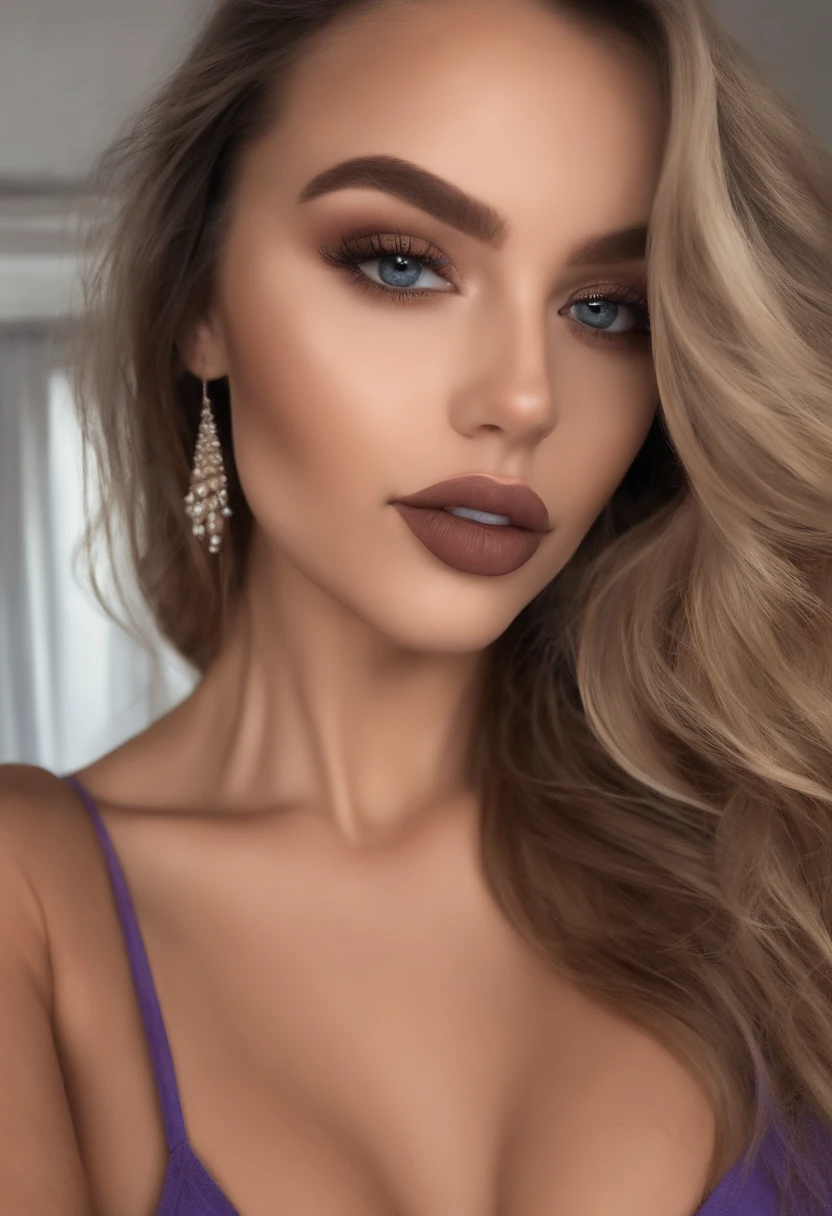 Arafed Femme totalement , Fille sexy aux yeux bleus, ultra realist, Meticulously detailed, Portrait Sophie Mudd, cheveux blonds et grands yeux, selfie of a young woman, Yeux de chambre, Violet Myers, pas de maquillage, Maquillage naturel, Look directly into the camera, Visage avec Artgram, Maquillage subtil, Great photo of the whole body kneeling on the bed, Dans la chambre, gros seins, en bikini