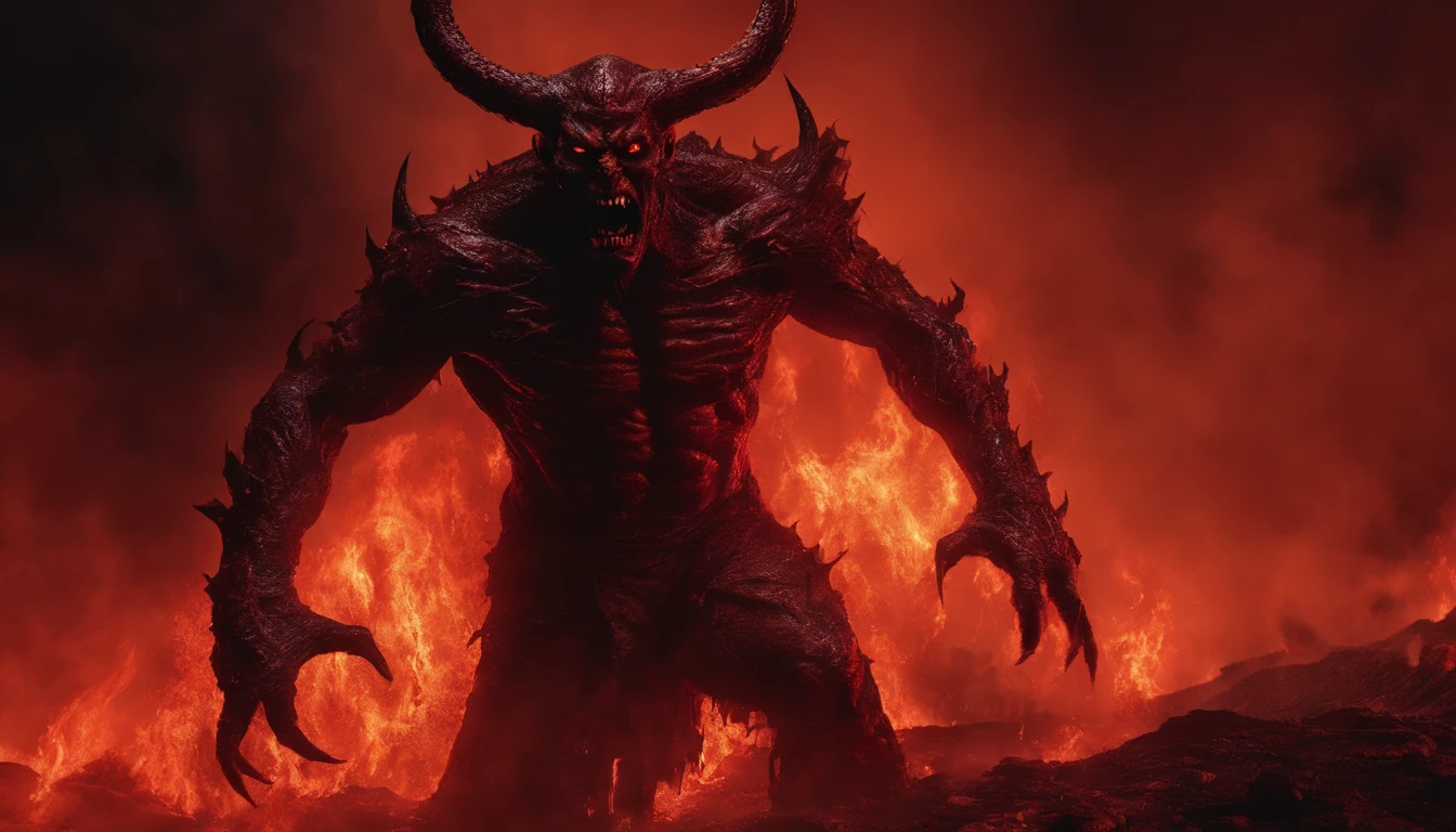 red demon with horns,screaming,lot of lava and fire in the background,in hell,(full hd 8k masterpiece),violent expression,vivid colors,devilish appearance,strong shadows