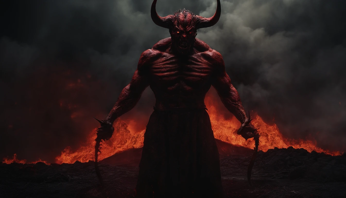 red demon with horns,screaming,lot of lava and fire in the background,in hell,(full hd 8k masterpiece),violent expression,vivid colors,devilish appearance,strong shadows