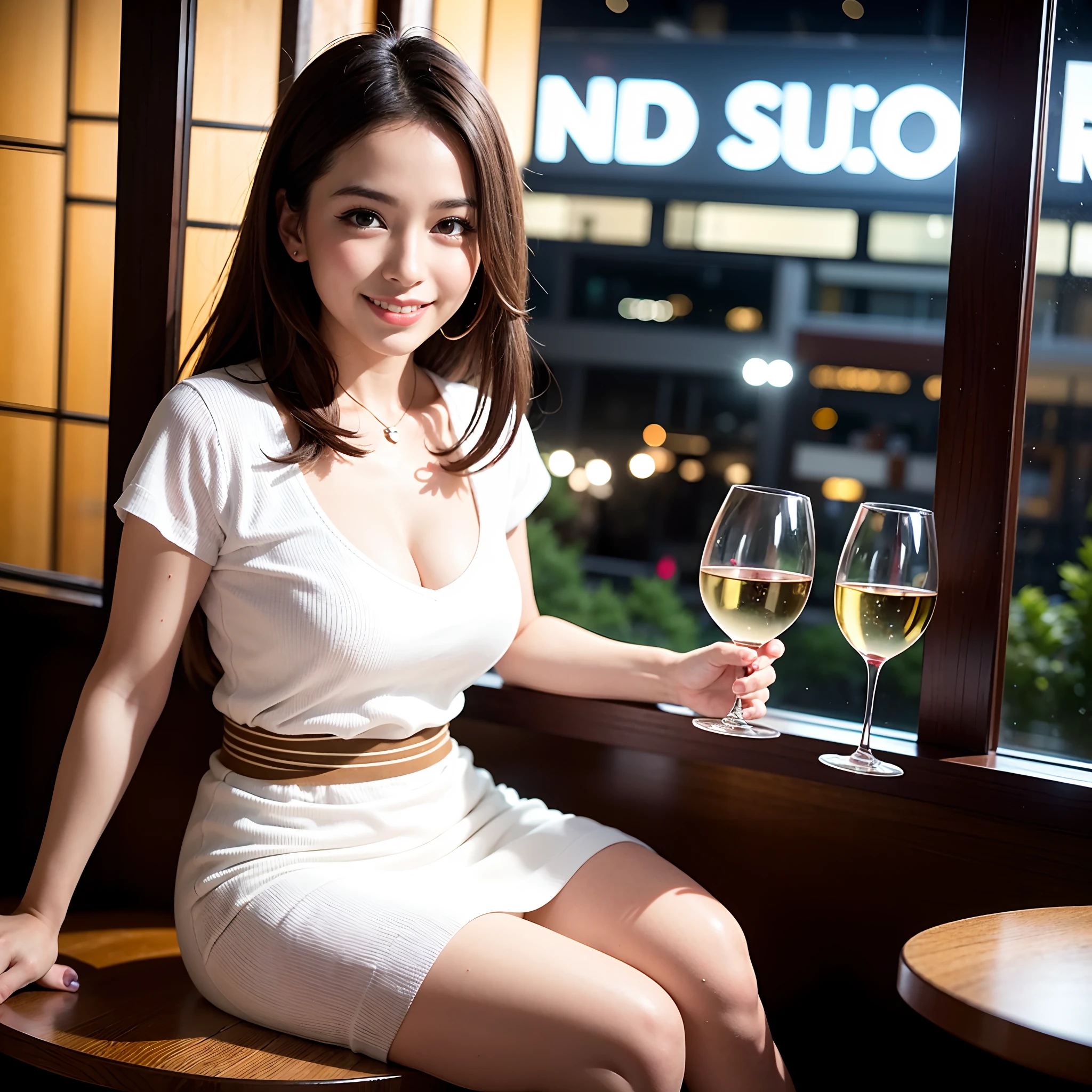 (64K, UHD, top quality, masterpiece: 1.2), (realistic, photorealistic: 1.37), super detailed, pretty woman 1 person, (slim face), (slim body), (brown hair), (short cut), cheeks slightly blushing, (39 years old), 38 years old, solo, beautiful detailed urban night view outside the window, restaurant, wine glass sitting, night, in a prominent place (from the waist up) NovaFrogStyle, Actress, Model, Waist Up, White Wine, Slim, Wine Glass, Super Clean Night View, Wine Glass Put in the Middle, Happy Smile, (Smile: 1.15), Beautiful Fine Eyes, Upper Body, Bust Japan Up, Night, Short, Short, Actress, Model, Waist Up, White Wine, Slim, Wine Glass, Super Clean Night View, Wine Glass Put in the Middle, Happy Smile,