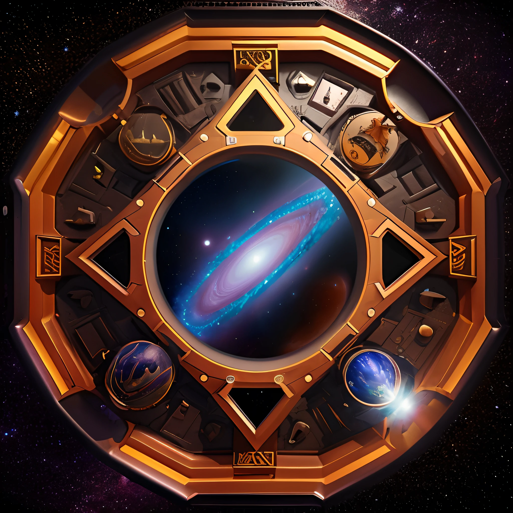 a 3d render mandala Of luck health and life, Translucent, in a space, Pyramids on the edge, Saturn on the edge, pyramids in the center ,spaceship on The Edge, sun on the Edge, astronaut on The Edge, starship on The Edge, galaxies on The Edge, astronaut on edge, Jupiter on the edge, Many Several different aliens on the edge, ultra colorful, fullbody, lights inside, texture, arriving, comming out, leaving through interdimensional multicor portal, space graphics art in background, science fiction digital artnefertiti, interestelar portal, nebula, galaxies, stars, 3D, Bright, contrast, egypt pyramids in background, ultra realitistic, volumetric lighting, dark, sharp focus, Unreal Engine 5, Octane Render, hyper realistic, very hyper detailed, Micro details, every detail hyper sharp, Very hyper sharp, 32k, depth, Very high relief, Very immersive, very high definition, very high resolution, style photo realistic
