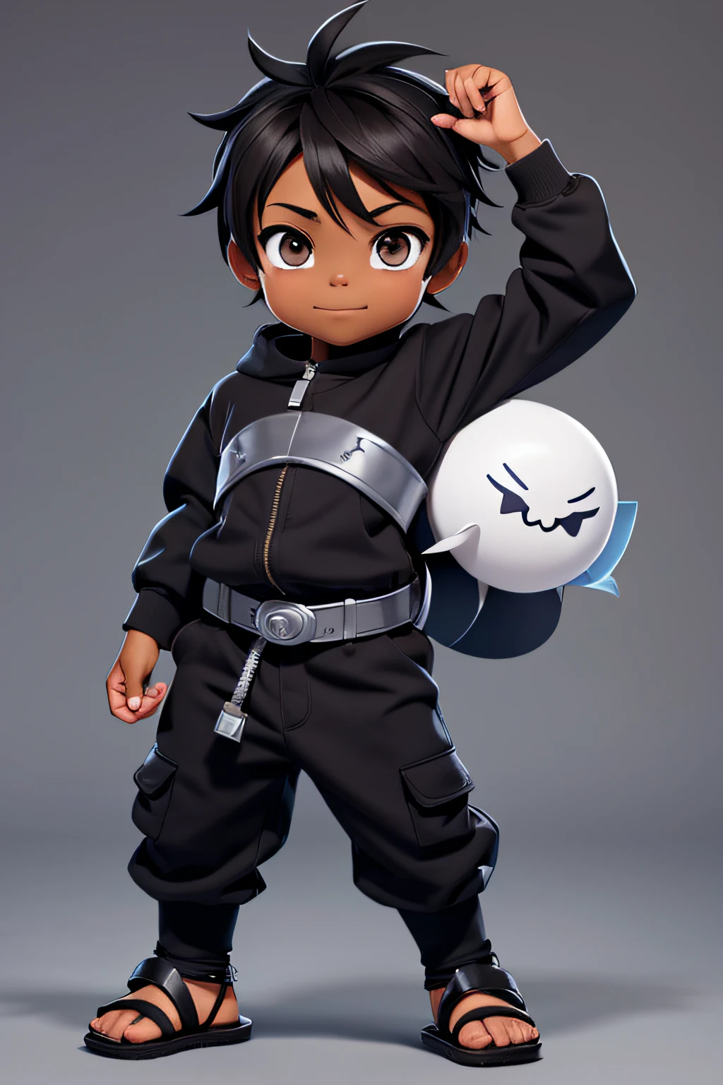 Anime mignon chibi , dark brown skin, Gray ninja clothing, Portez des sandales, Visage de taches de rousseur, lune