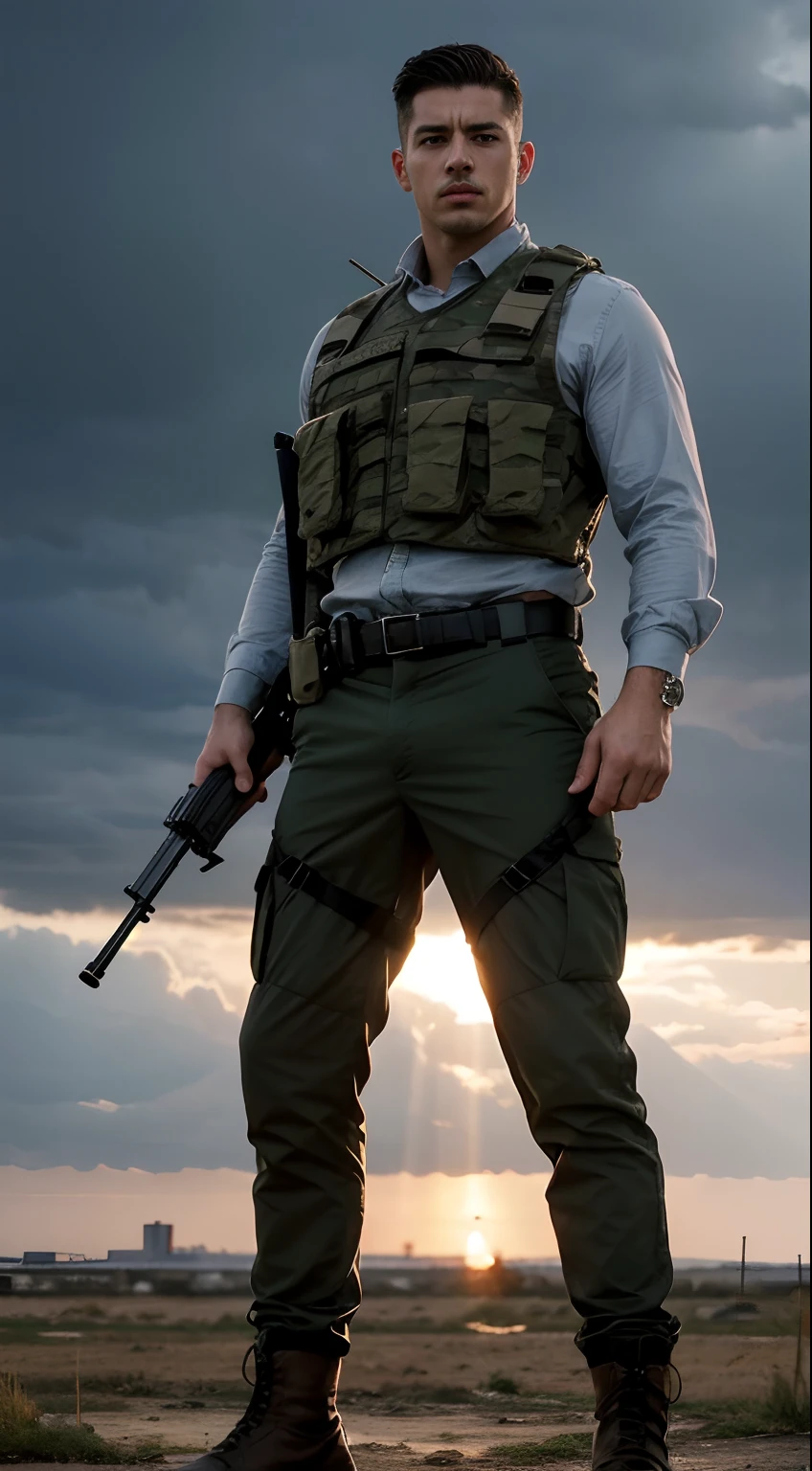 a strong man dressed in soldier style, with a fierce and confident expression. The man has detailed eyes, and He stands tall and proud, showing power and determination.
His military uniform consists of a tactical vest, camouflage pants, and combat boots. He carries a weapon, such as a rifle or a sword, which shows his skill and readiness for battle.
The scene is set in a war-torn landscape, with ruins and debris scattered around. The sky was full of dark clouds, indicating an impending storm. The lighting is dramatic, with rays of sunlight breaking through the clouds, illuminating the man and highlighting his strength
The image is of the highest quality, with a resolution of 4k or higher, capturing every detail and texture. Colors are vivid and realistic, bringing the scene to life. The art style is a mix of realistic and conceptual art, creating a striking composition.
Generally, the prompt focuses on depicting a handsome man dressed in soldier style, emphasizing his strength, confidence, and determination. The details of the scene and the high quality picture ensure a visually stunning and impactful.