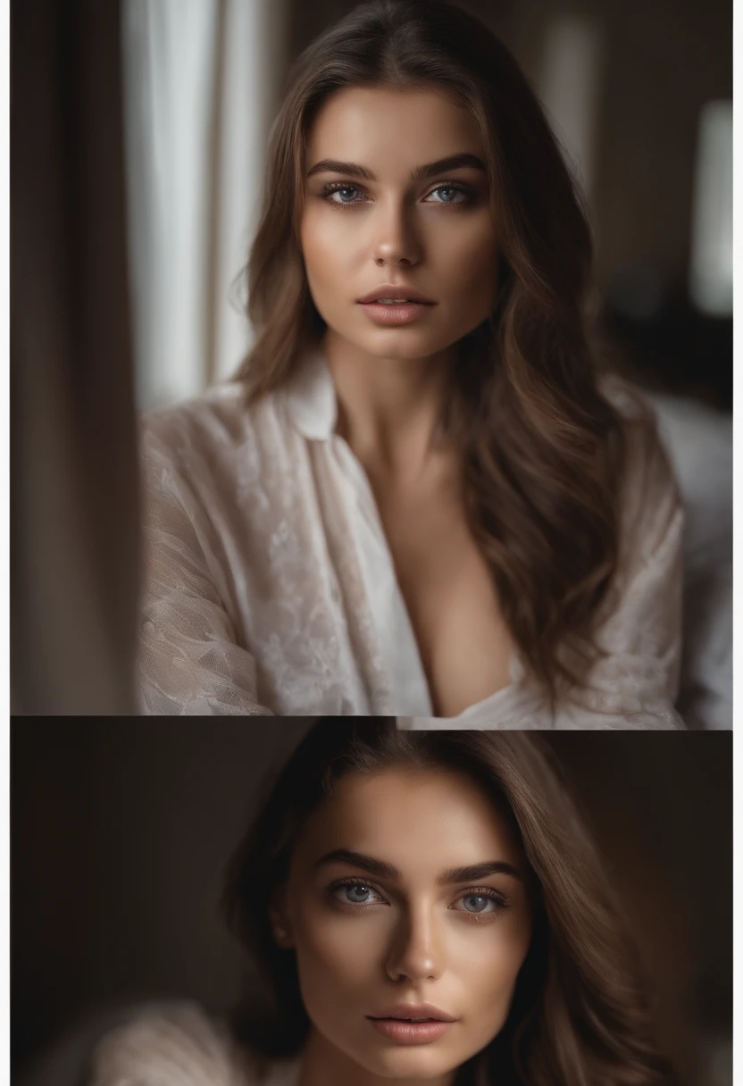 Arafed woman completely , fille sexy aux yeux bruns, ultra realist, Meticulously detailed, Portrait Sophie Mudd, cheveux bruns et grands yeux, selfie of a young woman, Dubai Eyes, Violet Myers, sans maquillage, maquillage naturel, looking straight at camera, Visage avec Artgram, Maquillage subtil, Great photo of the whole body kneeling on the bed, dans la chambre, Medium to large bust