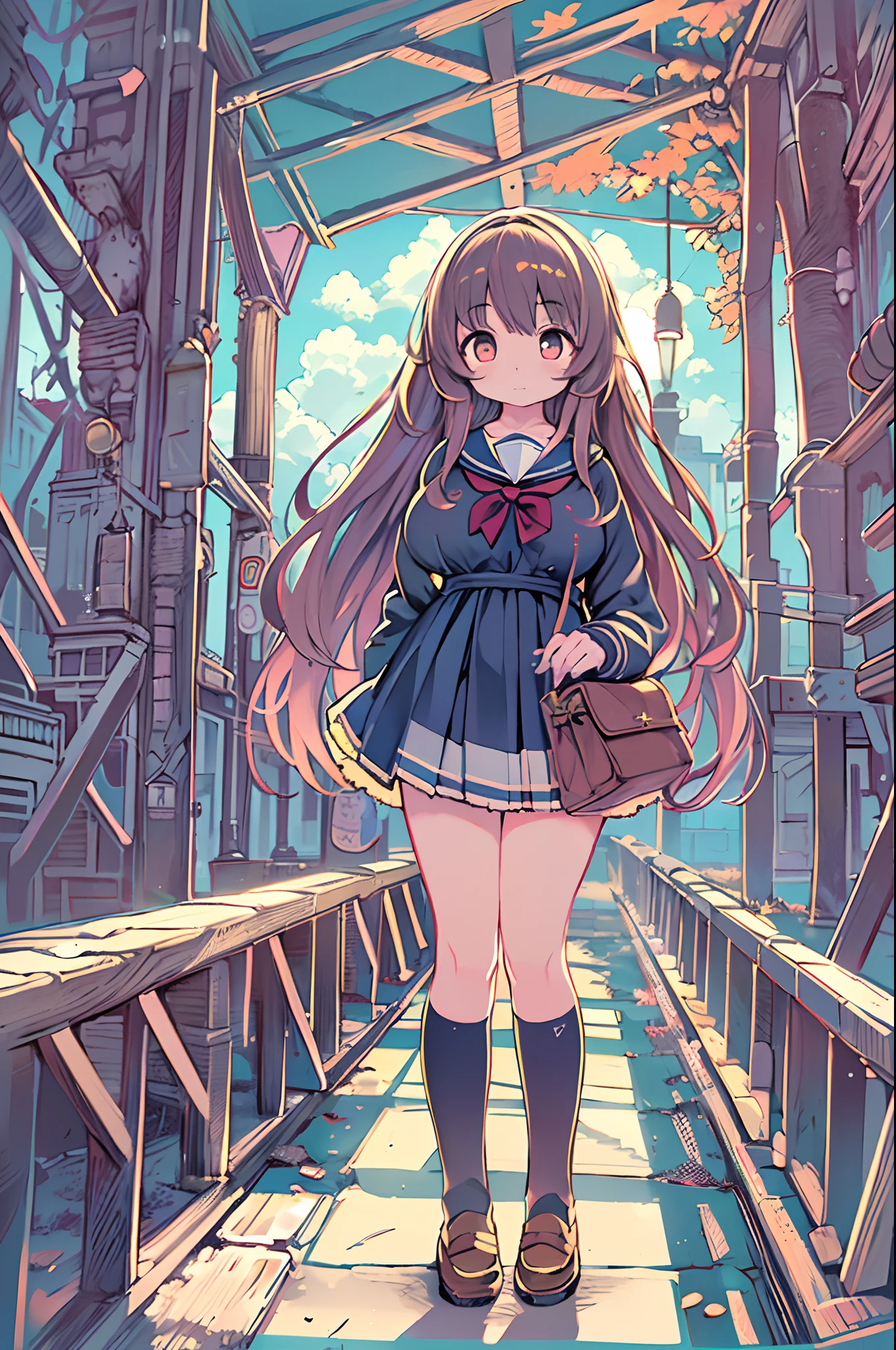 masutepiece,((ligne claire)),  limited palette,Best Quality, Flat color, Low contrast, ((1girl in)),(((Very delicate and beautiful girl))),(beautifull detailed face),(Beautiful detailed eyes),{Long hair},hair adornments,((middlebreasts)),cabelos preto e longos,Hair Ribbon,School uniform , Standing,((Looking at Viewer:1.6)), View from below,Beautiful detailed sky,Bright sky,Cloudy sky,Sunlight, (detailedlight),Lighting,Colorful,ocean,Beach, Bridge,The path to school,skyscraper, Autumn, Haze