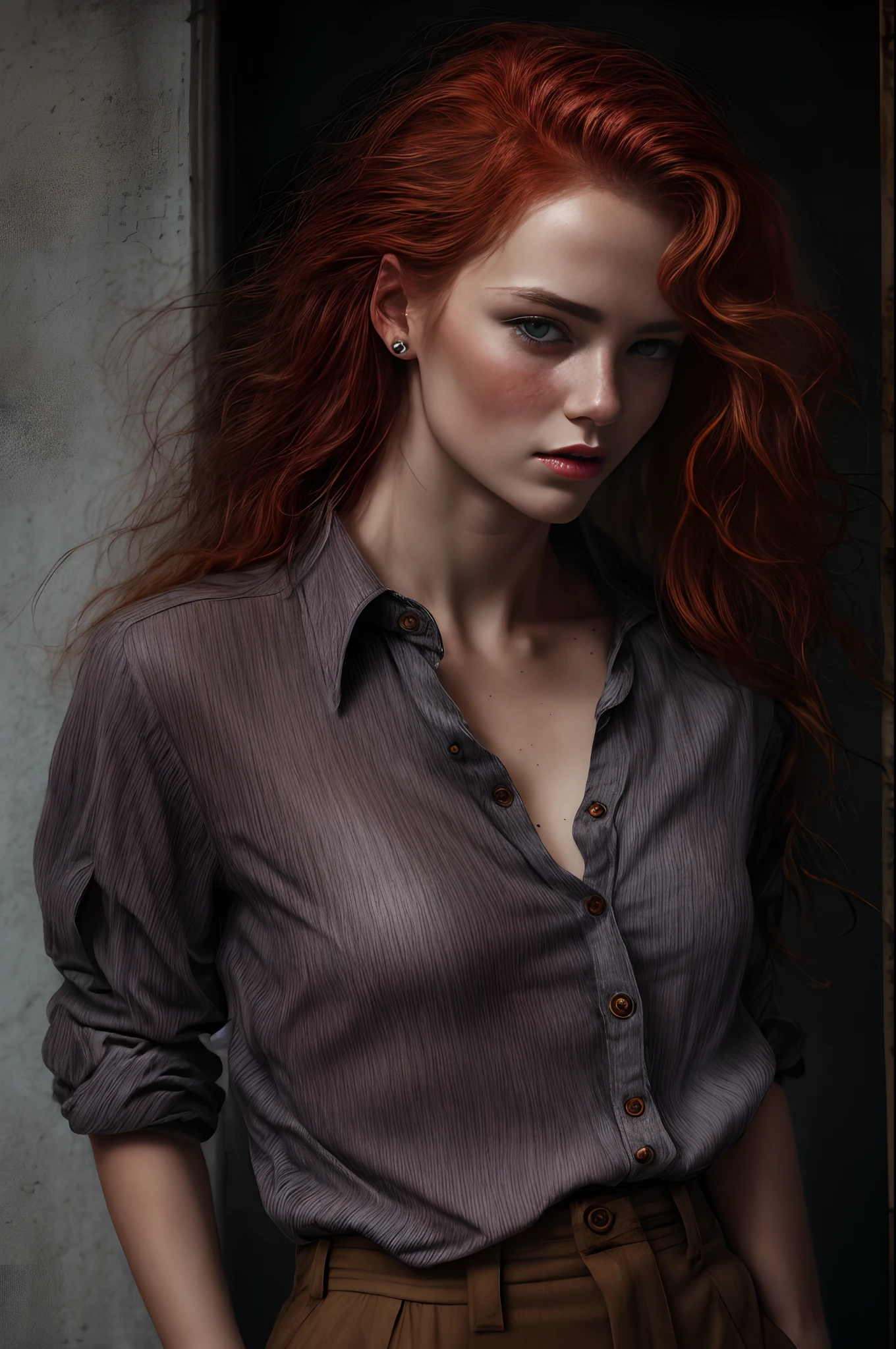 a photo of a seductive woman with loose styled redhead hair, posing in dark studio, she is wearing Button-up Shirt and Trousers, intricate details, goosebumps, flawless face, shy, prude, (light freckles:0.9), ((photorealistic):1.2), raw