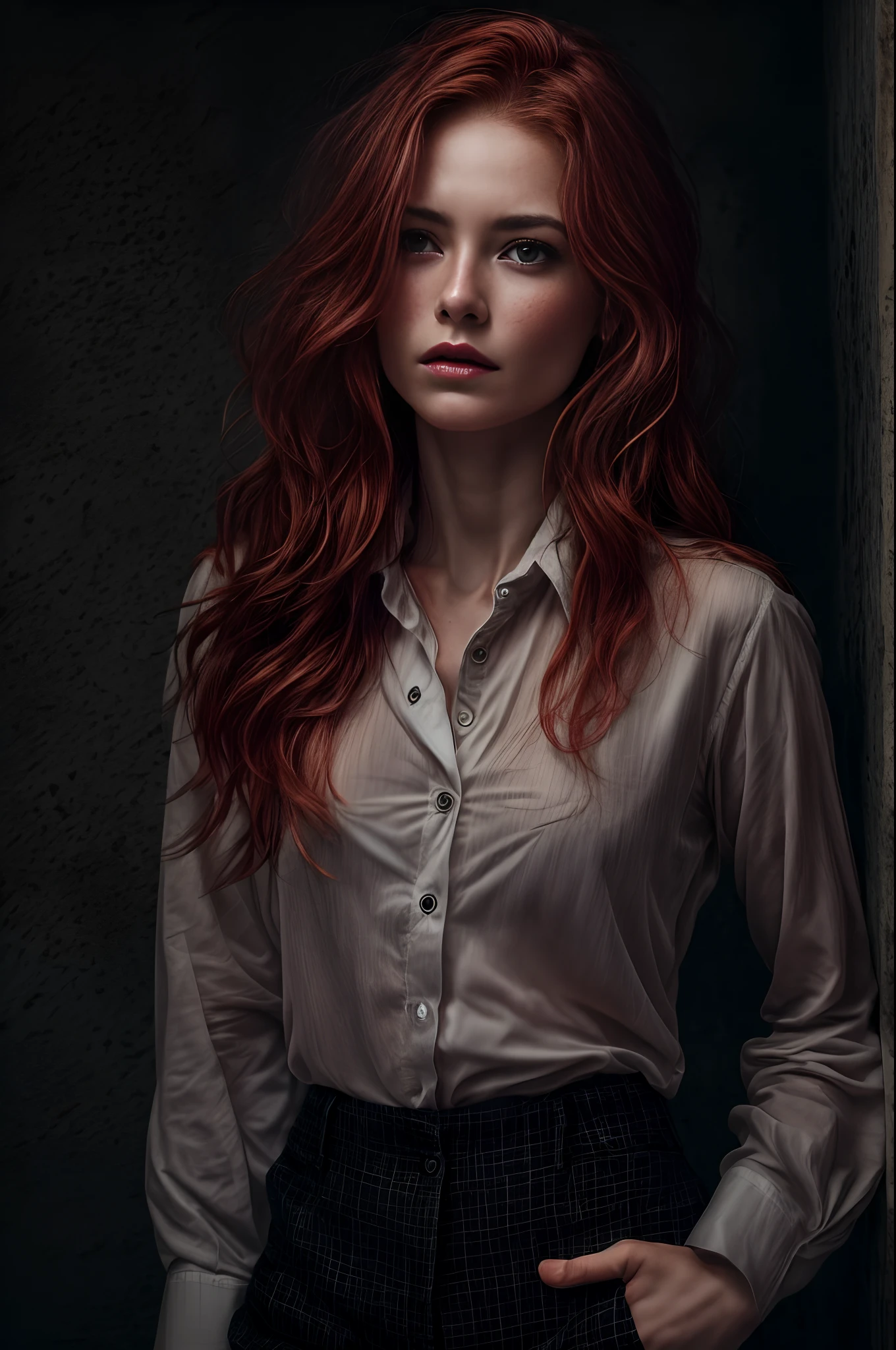 a photo of a seductive woman with loose styled redhead hair, posing in dark studio, she is wearing Button-up Shirt and Trousers, intricate details, goosebumps, flawless face, shy, prude, (light freckles:0.9), ((photorealistic):1.2), raw