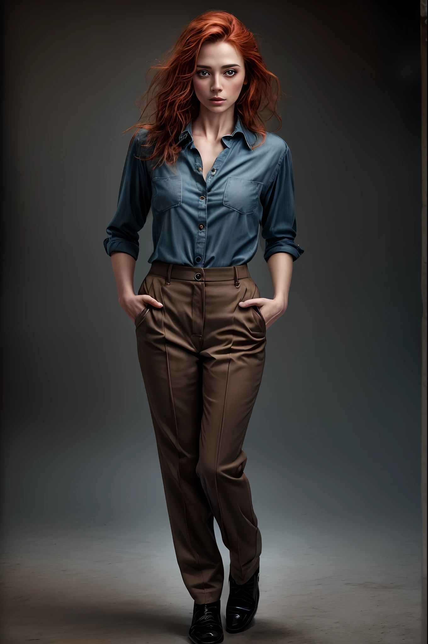 a photo of a seductive woman with loose styled redhead hair, posing in dark studio, she is wearing Button-up Shirt and Trousers, intricate details, goosebumps, flawless face, shy, prude, (light freckles:0.9), ((photorealistic):1.2), raw