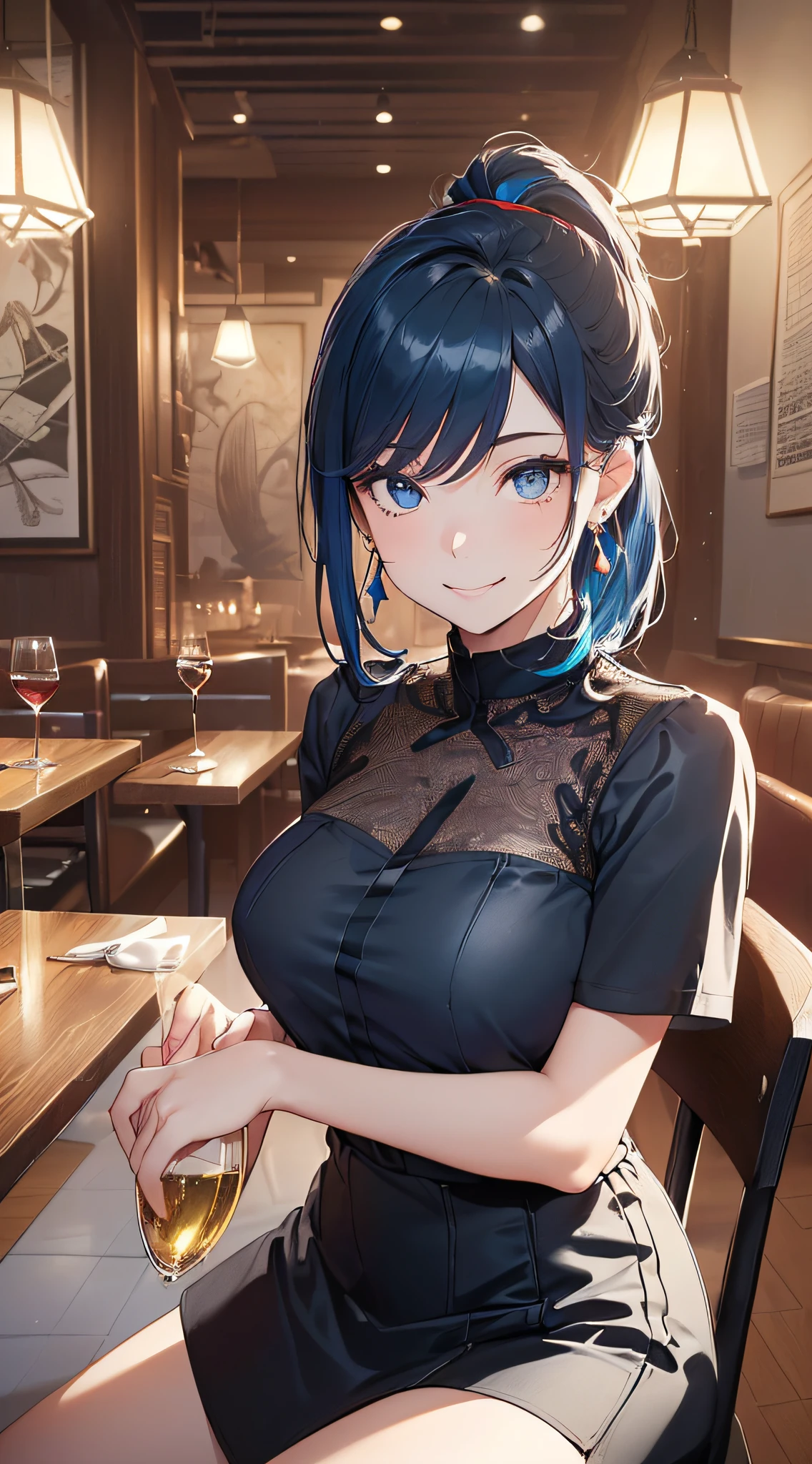 top-quality、Top image quality、​masterpiece、girl with((18year old、Best Bust、Medium bust、Bust 85,Beautiful blue eyes、Breasts wide open,Black Short Sleeve T-Shirt、White see-through、Black short skirt、Ponytail with black hair、Smile Face、Beautiful blue earrings、A slender、Leaning forward、Blue hair mesh、sparking eyes,sit a chair、Front angle)）hiquality、Beautiful Art、Background with((Red and blue lighting、Stylish restaurant at night、Stylish table、White Wine Bottle、White Wine Glasses)),masutepiece、Elaborate design、visualart、depth of fields、The best lighting、highestdetailed、8ｋ