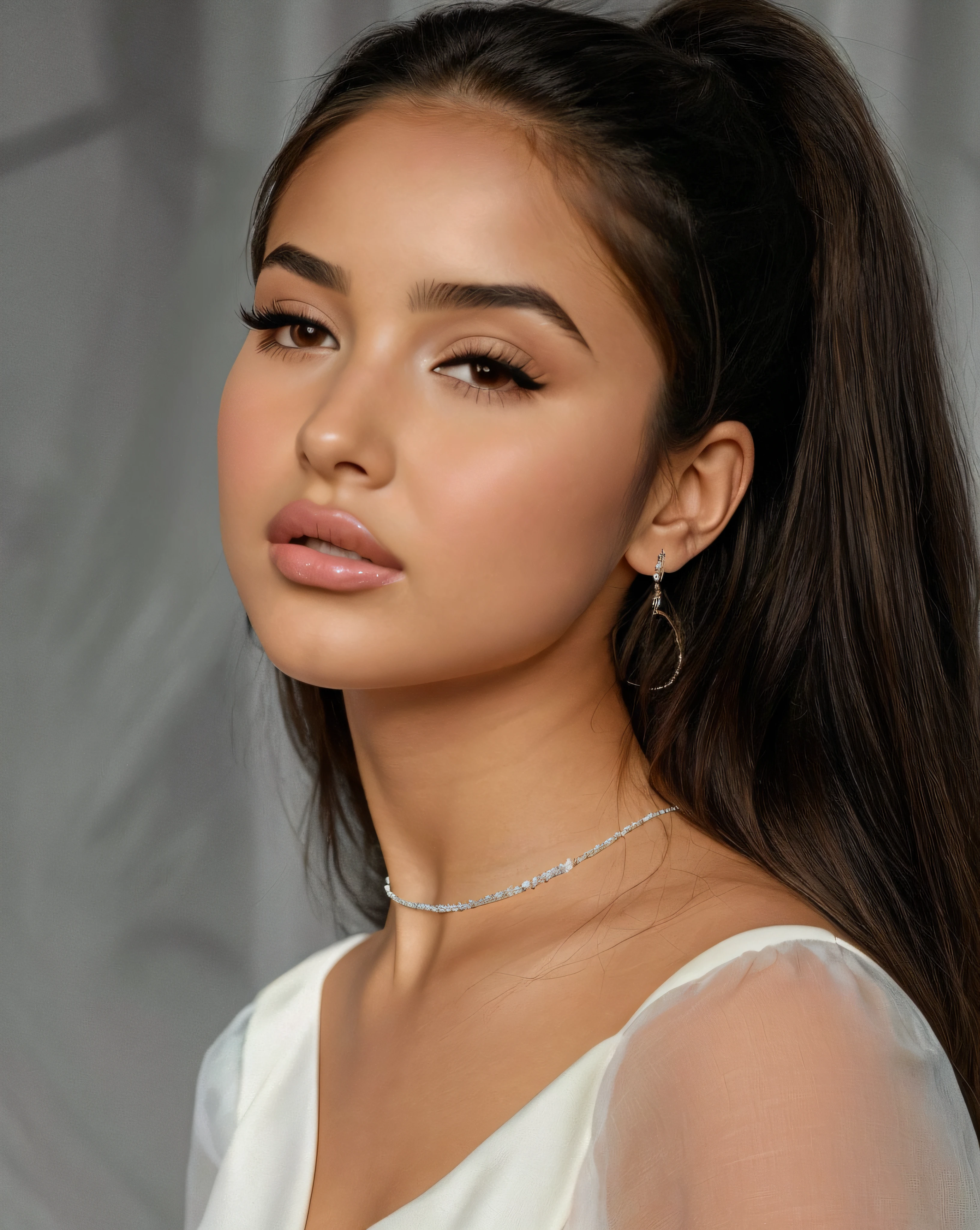 a close up of a woman with long hair wearing a white dress, portrait sophie mudd, clear portrait of demi rose, madison beer girl portrait, portrait of demi rose, gorgeous latina face, portrait demi rose, gorgeous young model, isabela moner, ana de armas portrait, olivia culpo, young woman with long dark hair, very pretty model