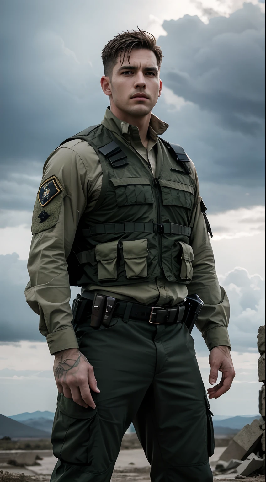 a strong man dressed in soldier style, with a fierce and confident expression. The man has detailed eyes, and He stands tall and proud, showing power and determination.
His military uniform consists of a tactical vest, camouflage pants, and combat boots. He carries a weapon, such as a rifle or a sword, which shows his skill and readiness for battle.
The scene is set in a war-torn landscape, with ruins and debris scattered around. The sky was full of dark clouds, indicating an impending storm. The lighting is dramatic, with rays of sunlight breaking through the clouds, illuminating the man and highlighting his strength
The image is of the highest quality, with a resolution of 4k or higher, capturing every detail and texture. Colors are vivid and realistic, bringing the scene to life. The art style is a mix of realistic and conceptual art, creating a striking composition.
Generally, the prompt focuses on depicting a handsome man dressed in soldier style, emphasizing his strength, confidence, and determination. The details of the scene and the high quality picture ensure a visually stunning and impactful.