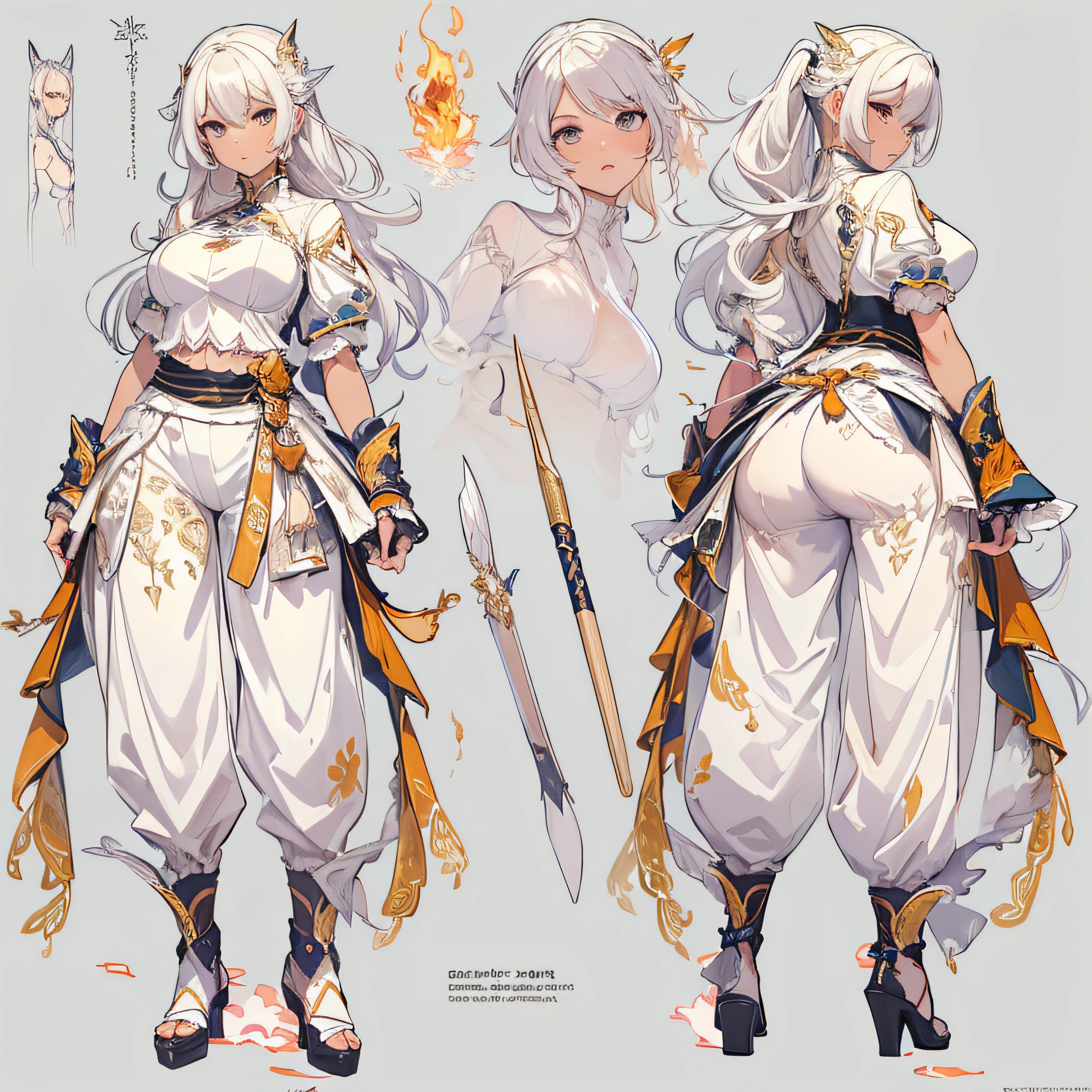 ((Masterpiece, Highest quality)), Detailed face, CharacterDesignSheet, full bodyesbian, Full of details, Multiple poses and expressions, Highly detailed, Depth, Many parts,Martial arts girl,white colors,holds a spear,double-ponytail,estilo fantasia,Surrounded by flames,Extremely beautiful,High Balance, Natural light, Lace,lacepantyhose,water ripple,The water is rippling