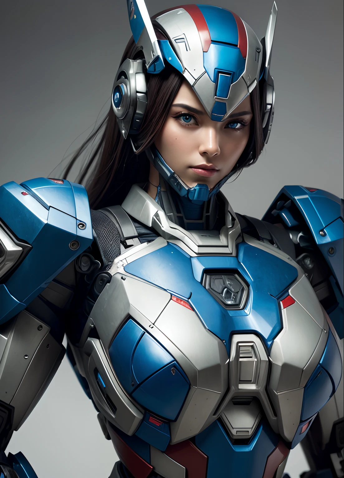 Textured skin, Super Detail, high details, High quality, Best Quality, hight resolution, 1080p, hard disk, Beautiful,(Iron Patriot),beautiful cyborg woman,Mecha Cyborg Girl,Battle Mode,Girl with a Mecha Body,She wears a futuristic Iron Patriot mech,Fulll body Shot