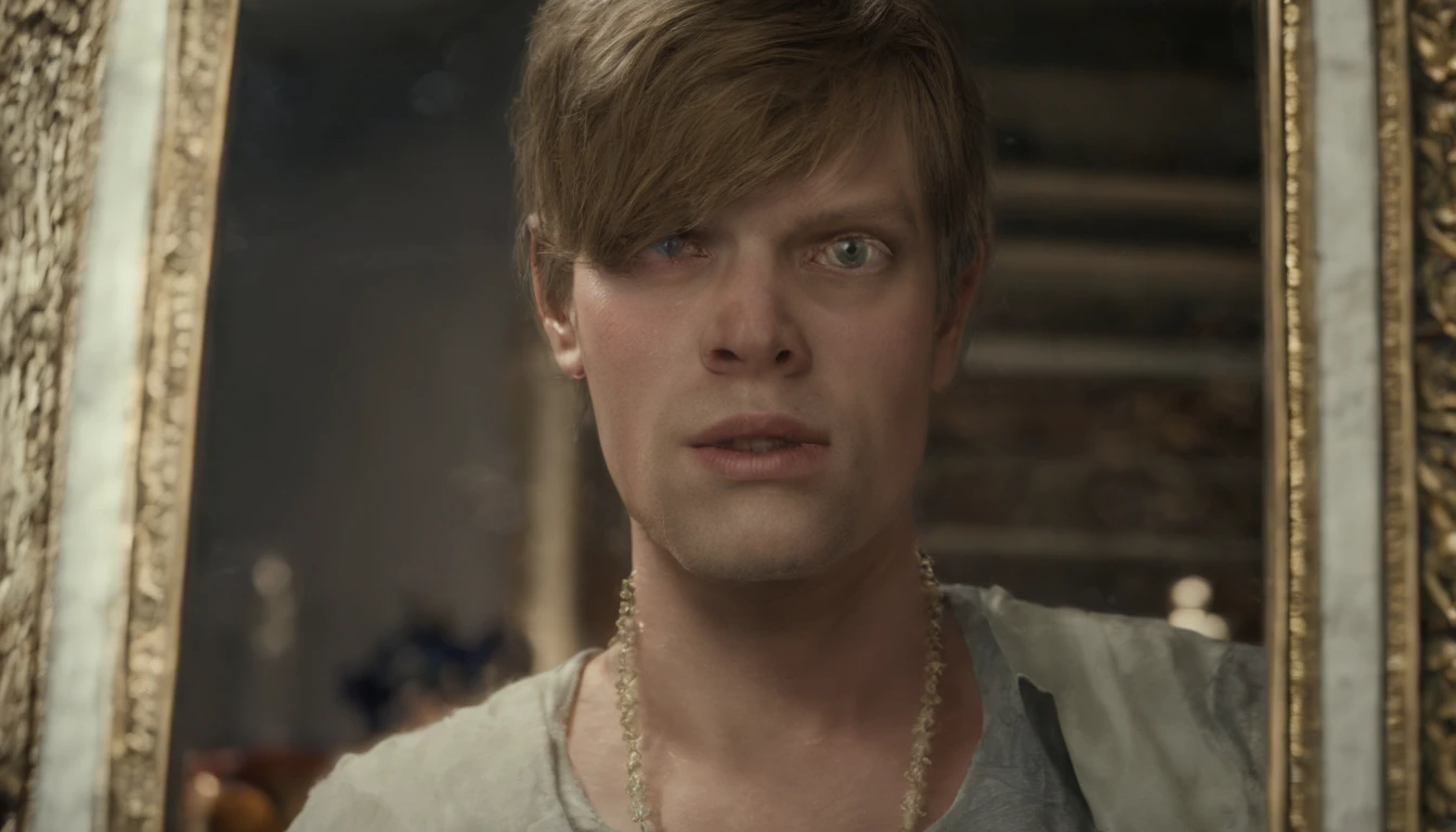 A person looking at themselves in a mirror, with a determined expression on their face.
