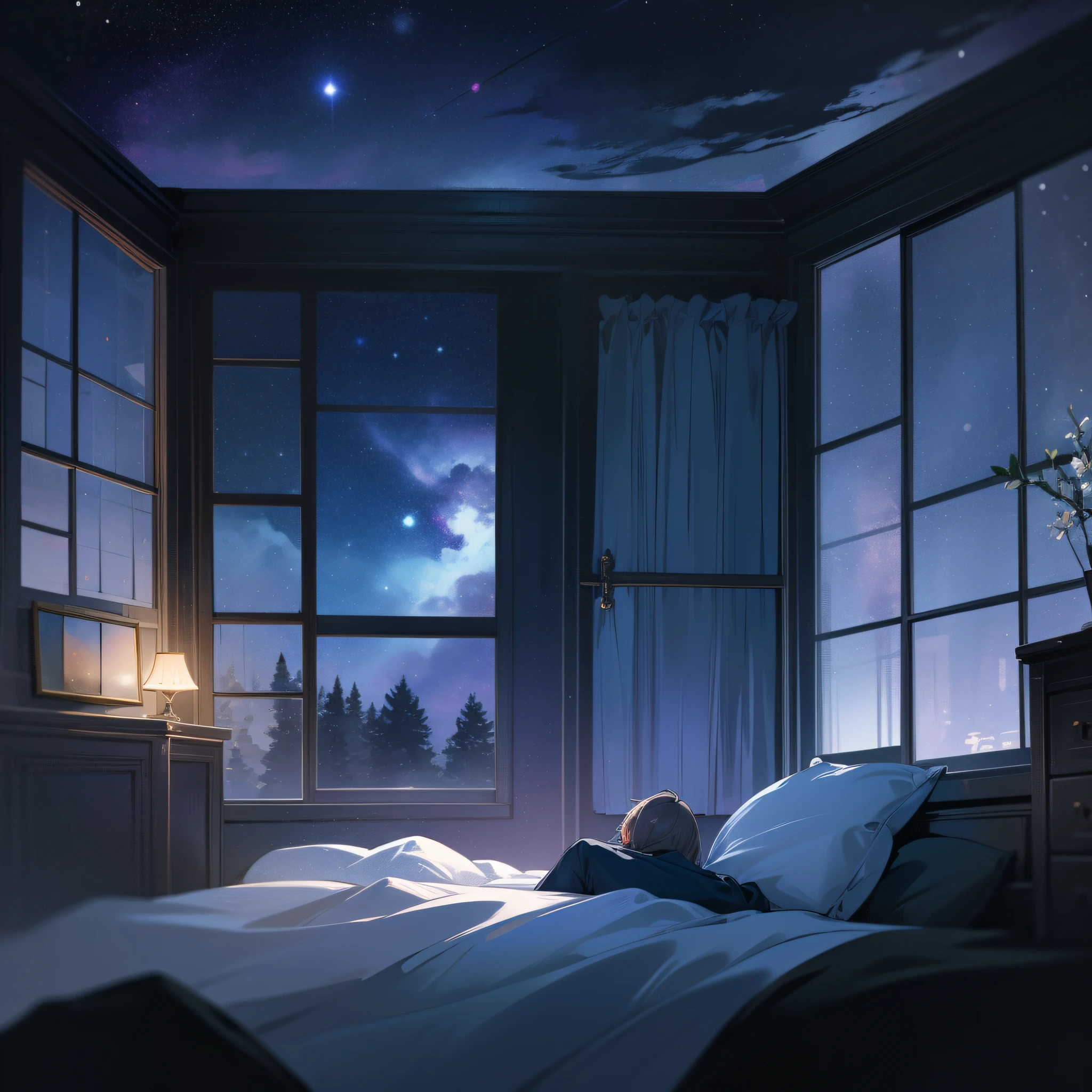high-level image quality、4K、Room with large windows、Large bedroom、starrysky、Starry sky、grand、conifer、Big forest outside the window、deep in the night、darkened room、Bedroom、futon bedding、kosmos、Starry sky seen from the window、Shadow of a person、One young man、silhuette、Fantastical、total darkness、dark sky、stele、The electricity is turned off、Inorganic room、Man Standing Outside The Window、Inorganic room、