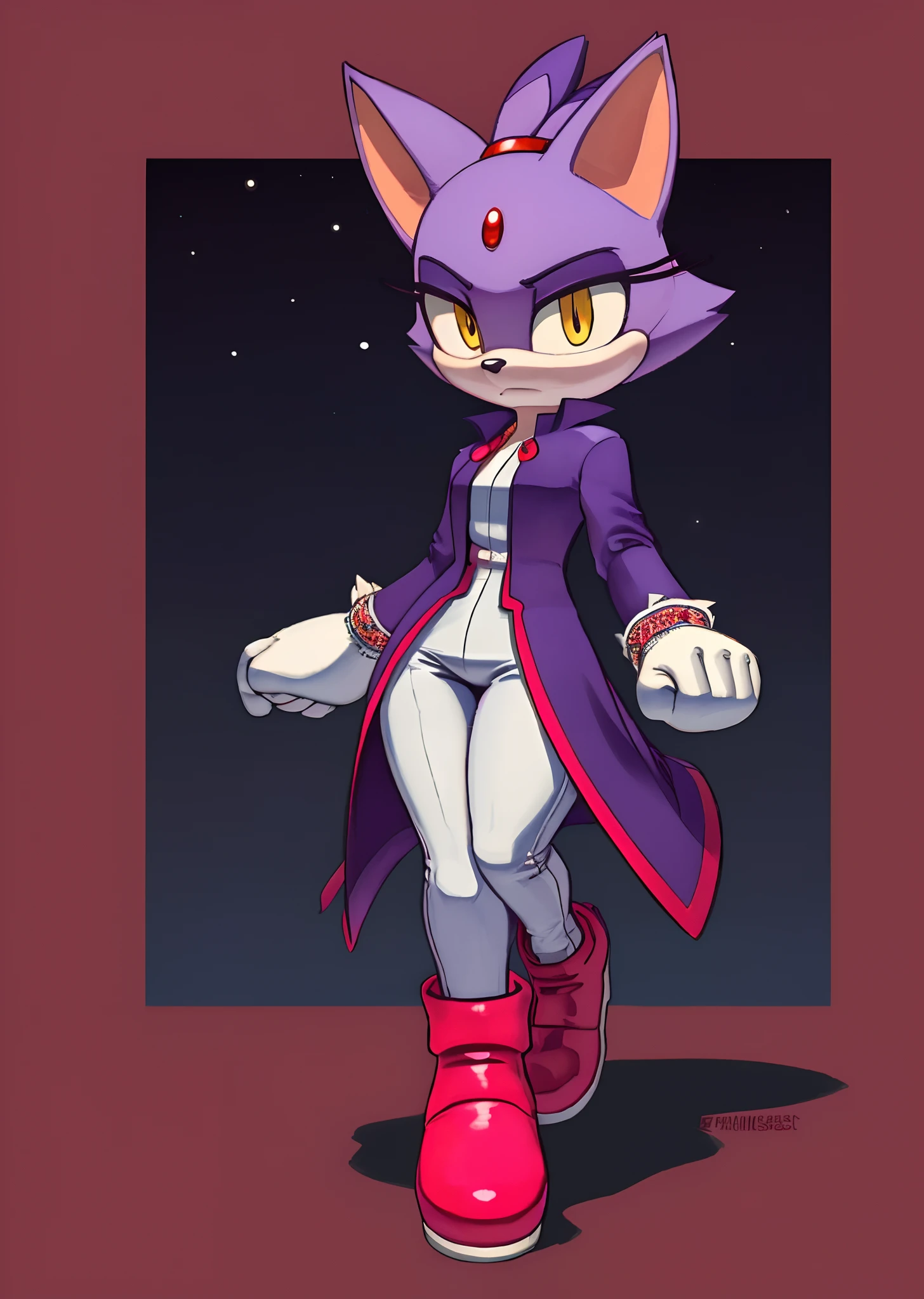 [Blaze the cat], [Uploaded to e621.net; (Pixelsketcher), (wamudraws), (napalm_express)], ((masterpiece)), ((HD)), ((High Quality)), ((furry)), ((solo portrait)), ((front view)), ((full body)), ((detailed fur)), ((detailed shading)), ((cel shading)), ((beautiful render art)), ((intricate details)), {anthro, purple fur, black nose, cat ears, (cute yellow eyes), (red gem on forehead), long tail, (tied-up hair), (gorgeous hips), (beautiful legs), (expressionless), (frown)}, {(purple trench coat), (tight white spandex pants), (white fluff-lined gloves), (red-pink fluff-lined heel boots)}, {(walking), (arms at side), (looking at viewer)}, [background; (forest), (spruce trees), (nighttime), (starry sky)]
