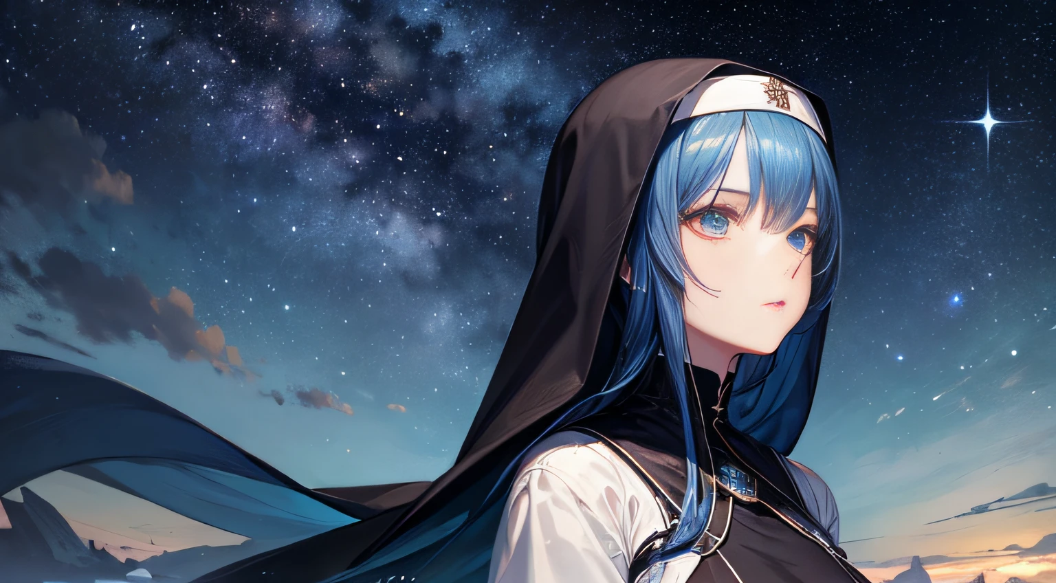 masterpiece, starry sky at the night, unlimited horizon, 1girl, proper clothing, nun, elegant, lady, mature, tall woman, (Topaz blue hair: 1.2), ruins, sky, detailed face, cute face, detailed hair