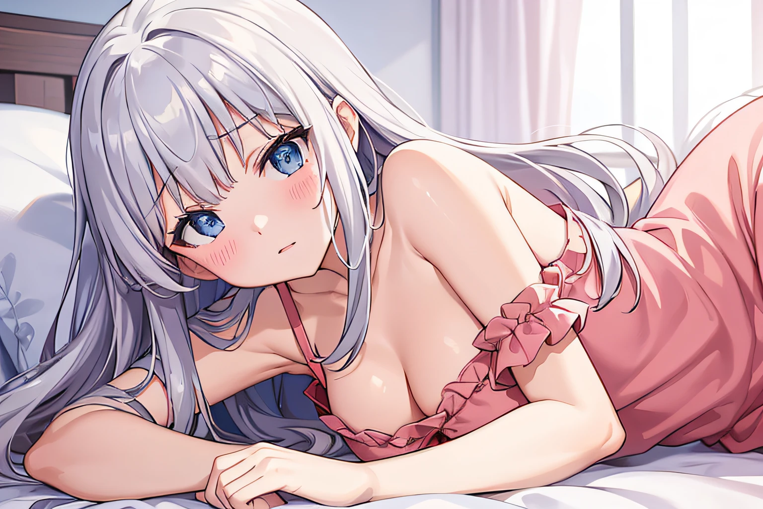 Bare shoulders、Align your bangs、red blush、I'm skinny、Beautiful breasts、Pajamas with ruffles、silber hair、Long、Blue eyes、Calm eyes、a bed、sleep