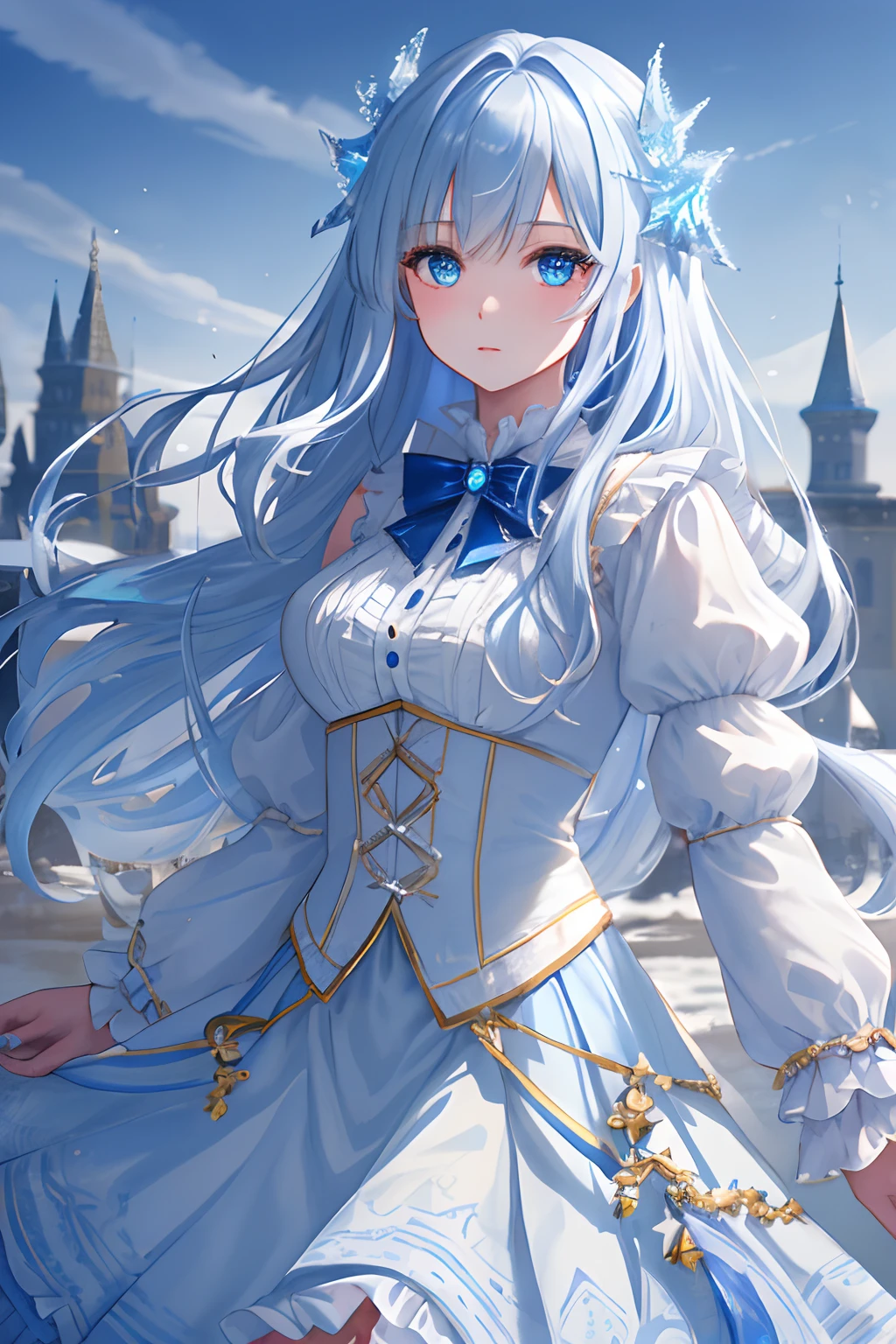 super fine illustration, an extremely cute and beautiful girl, highly detailed beautiful face and eyes, look at viewer, cowboy shot, beautiful long hair, solo, dynamic angle, beautiful detailed ice dress with frill, ice castle in background, blue tone