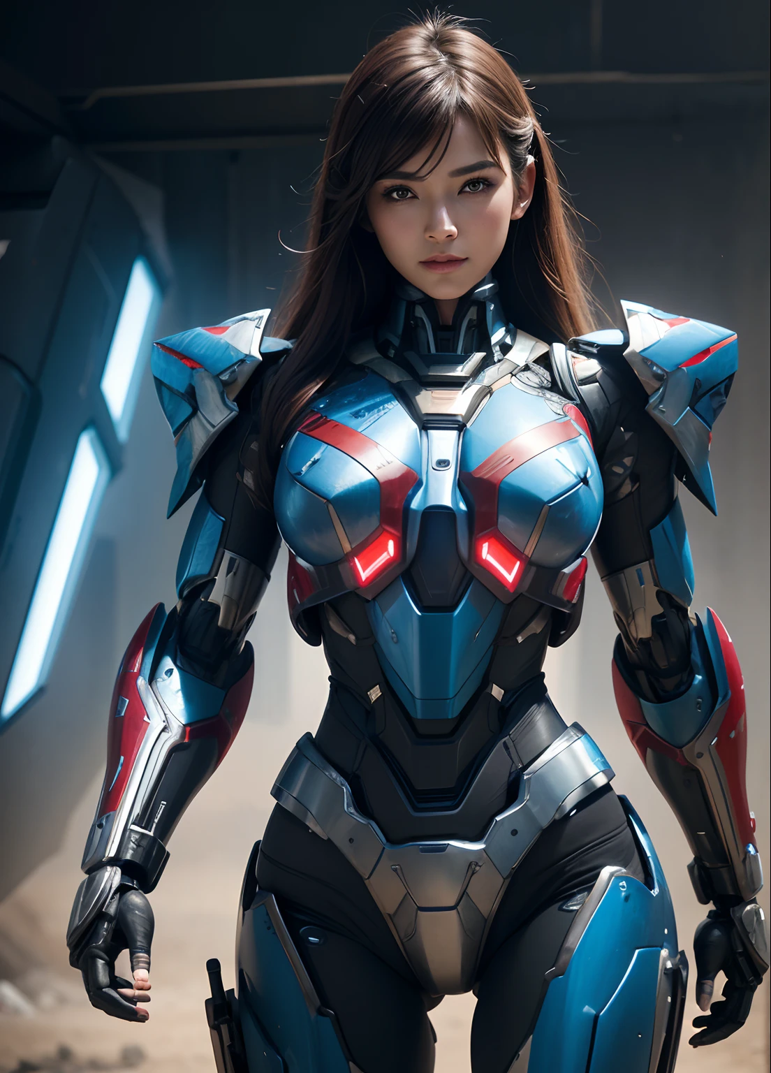 Textured skin, Super Detail, high details, High quality, Best Quality, hight resolution, 1080p, hard disk, Beautiful,(Iron Patriot),beautiful cyborg woman,Mecha Cyborg Girl,Battle Mode,Girl with a Mecha Body,She wears a futuristic Iron Patriot mech,Fulll body Shot