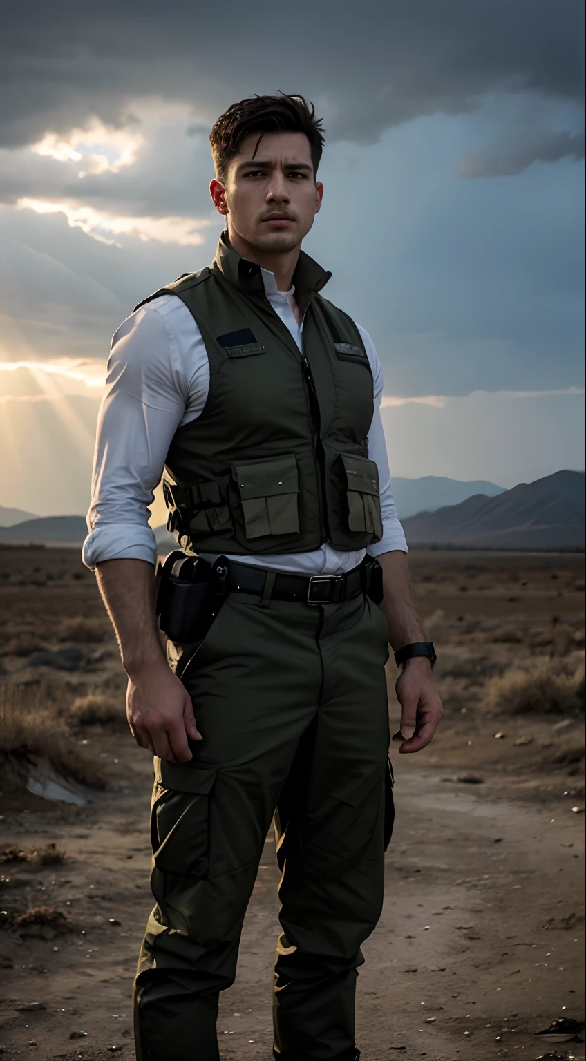 a strong man dressed in soldier style, with a fierce and confident expression.  The man has detailed eyes, and He stands tall and proud, showing power and determination.

  His military uniform consists of a tactical vest, camouflage pants, and combat boots.  He carries a weapon, such as a rifle or a sword, which shows his skill and readiness for battle.

  The scene is set in a war-torn landscape, with ruins and debris scattered around.  The sky was full of dark clouds, indicating an impending storm.  The lighting is dramatic, with rays of sunlight breaking through the clouds, illuminating the man and highlighting his strength

  The image is of the highest quality, with a resolution of 4k or higher, capturing every detail and texture.  Colors are vivid and realistic, bringing the scene to life.  The art style is a mix of realistic and conceptual art, creating a striking composition.

  Generally, the prompt focuses on depicting a handsome man dressed in soldier style, emphasizing his strength, confidence, and determination.  The details of the scene and the high quality picture ensure a visually stunning and impactful.