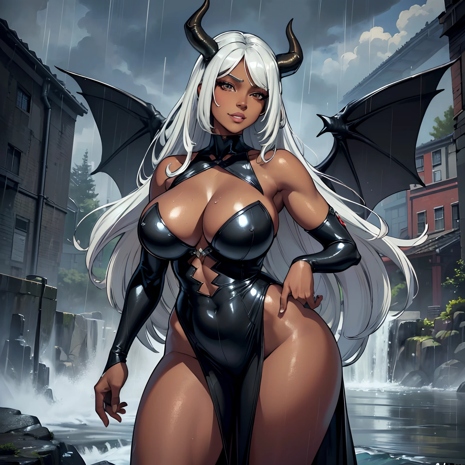 (best quality,4k,8k,highres,masterpiece:1.2), ultra-detailed, (realistic,photorealistic,photo-realistic:1.37), mature ebony-skinned female with long flowing silver hair, wearing a gilded form-fitting dress, curvy, thicc, has large black demon wings, has demonic horns, alluring gaze, portraits, seductive grin, standing in the rain wet