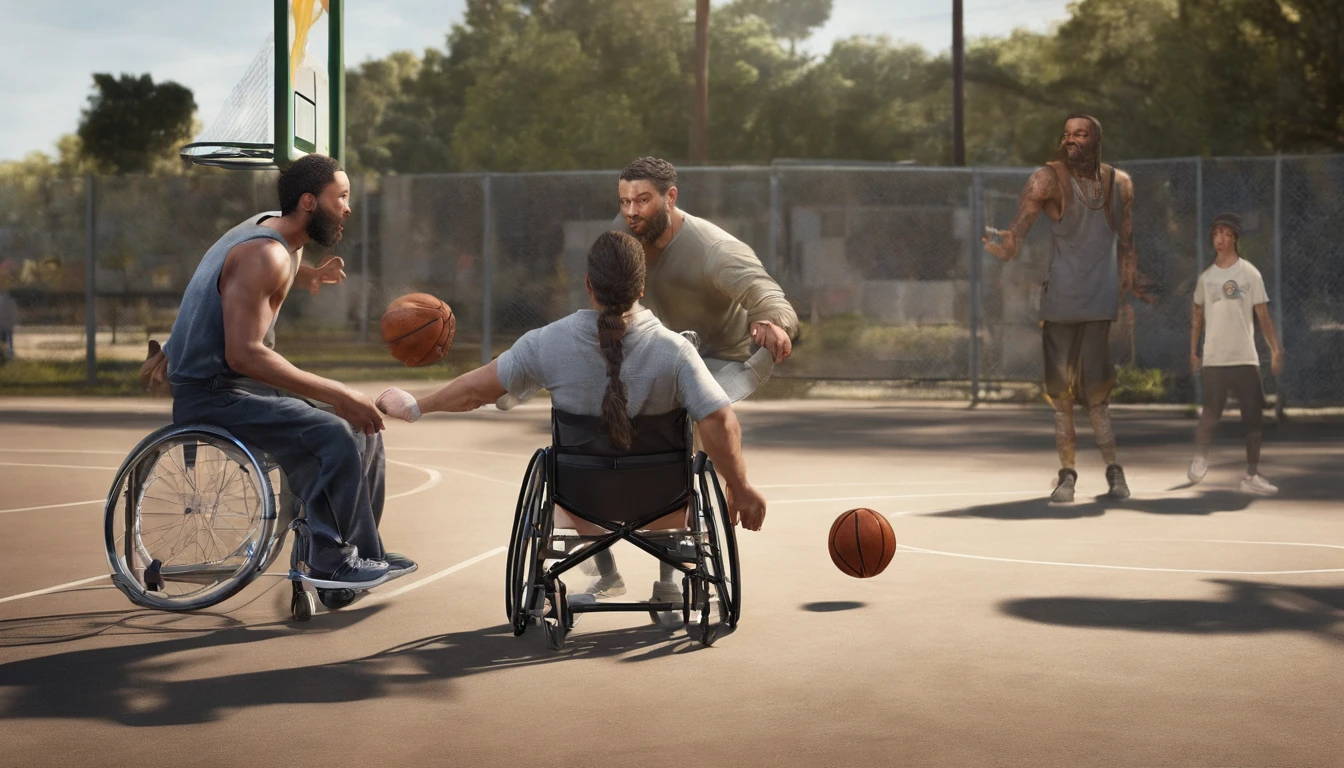 A person in a wheelchair playing basketball with their friends.