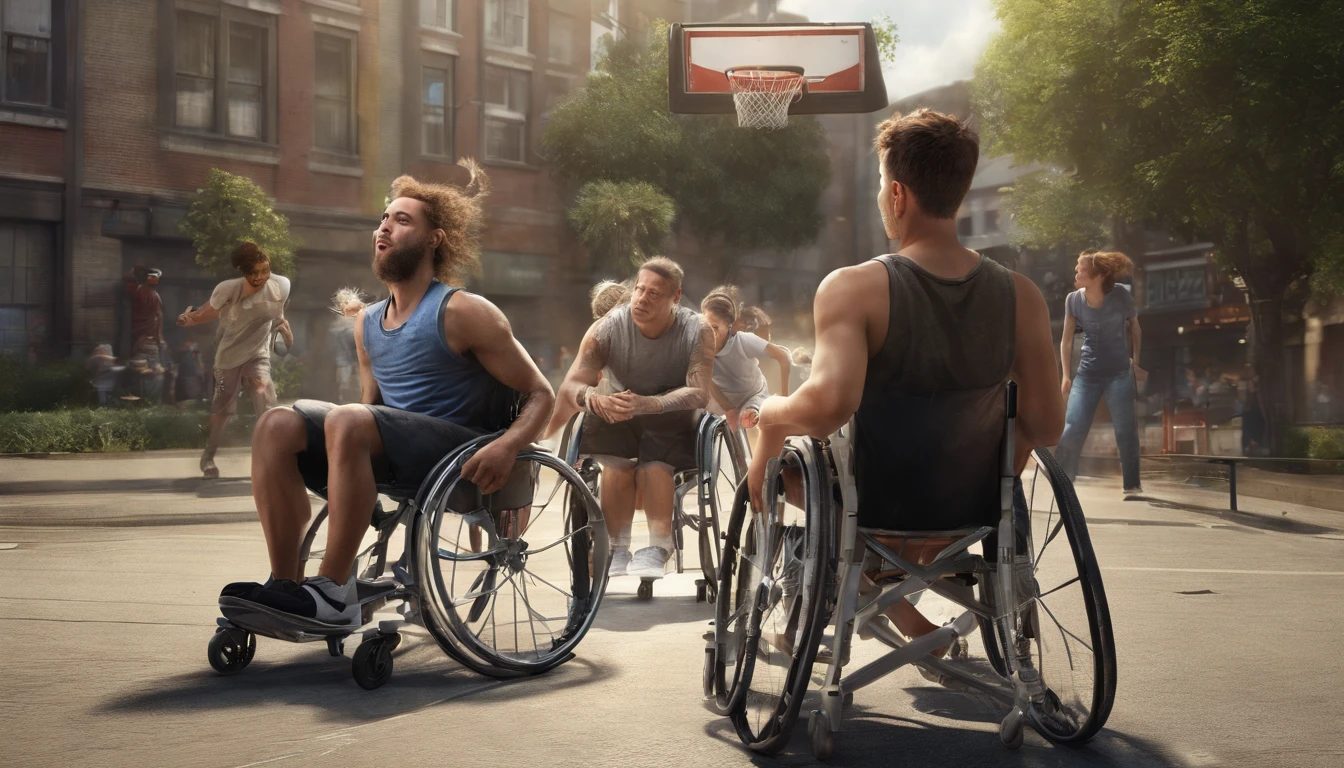 A person in a wheelchair playing basketball with their friends.