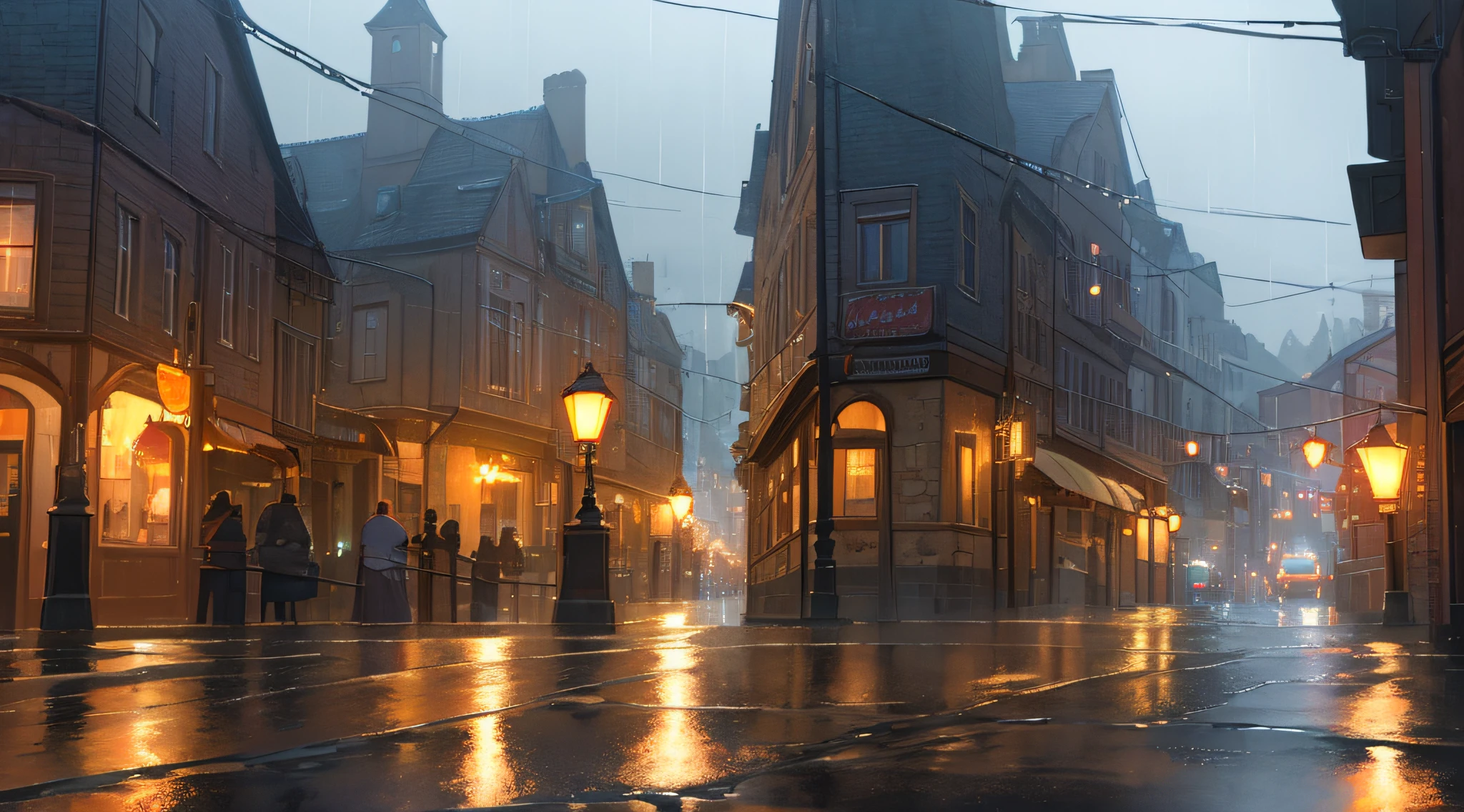 Rainy nights in the old town,1 old town,Wet streets,The lights are shining,high definition resolution,Realisticstyle,Faraway view,Cinema lenses,4k,CG Screen,Unreal 5,detail-rich,nostalgia,the street lights,Water vapor is pervasive
