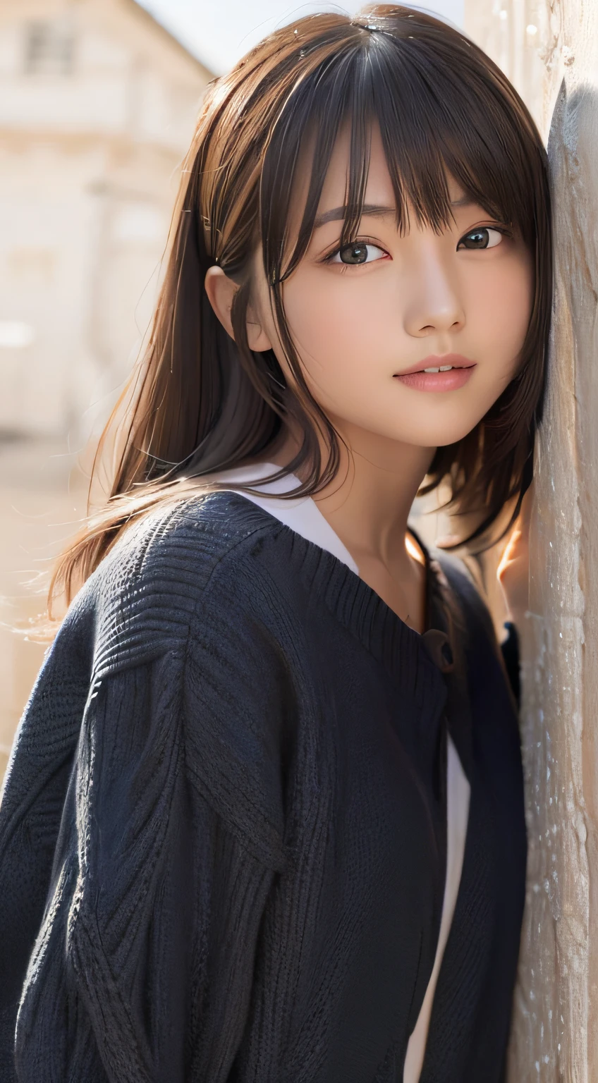 masterpiece, 1 beautiful girls, detaileds, Swollen eyes, top-quality, 超A high resolution, (Realistis: 1.4), OriginalPhotographs, 1girl in, 电影灯光, A smile, japanes, Asian Beauty, Proper, very extremely beautiful, Young Face, Beautiful skins, slender, simple background, (A hyper-realistic), (illustratio), (hight resolution), (8K), (ighly detailed), (The best illustrations), (beautifully detailed eyes), (ultra-detailliert), (wall-paper), (详细的脸), looking at the viewers, fine detailed, A detailed face、deep-shadows、Unobtrusive、pureerosfaceace_v1、Smile、46-point diagonal bangs、(Facing straight ahead)、Neat Clothing、Black colored eyes、