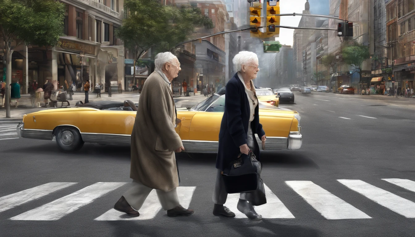 A person helping an elderly person cross the street.
