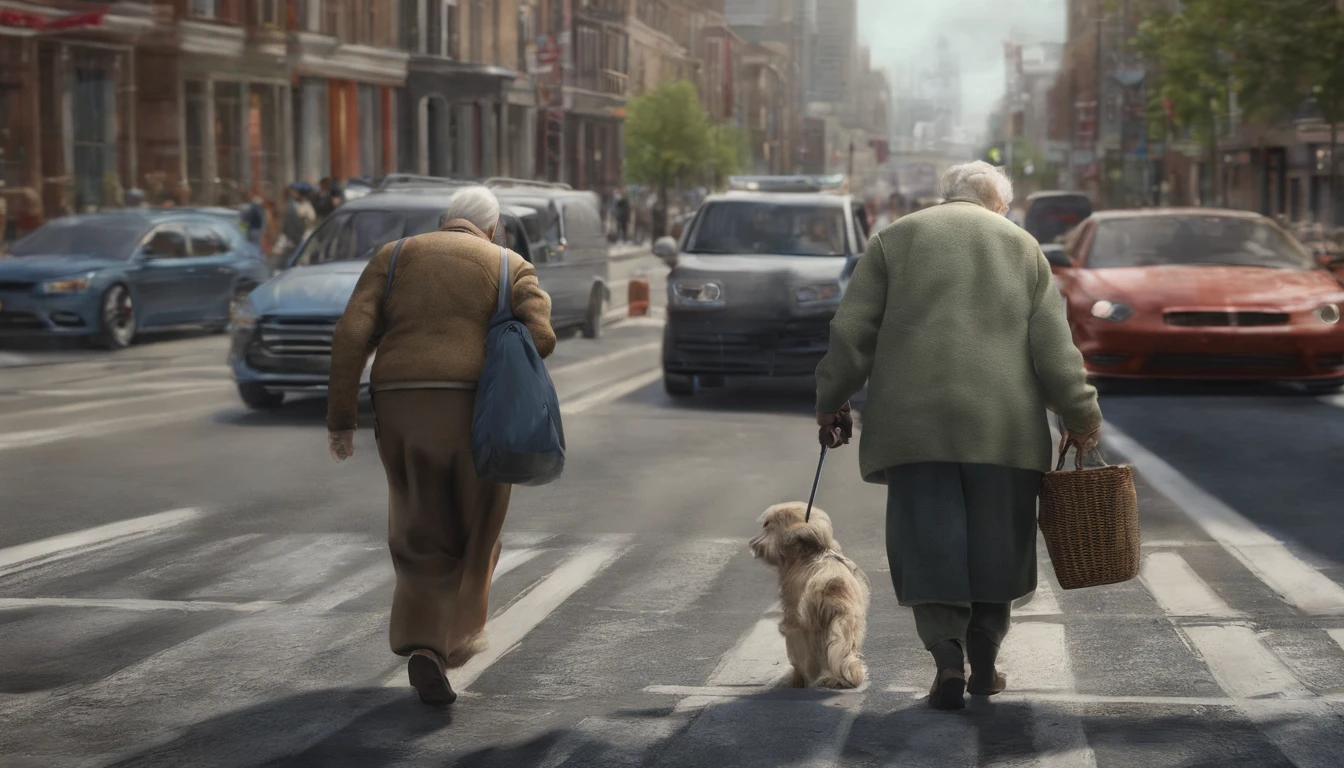 A person helping an elderly person cross the street.