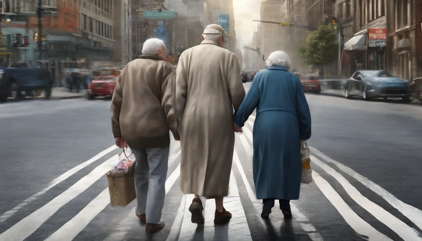 A person helping an elderly person cross the street.
