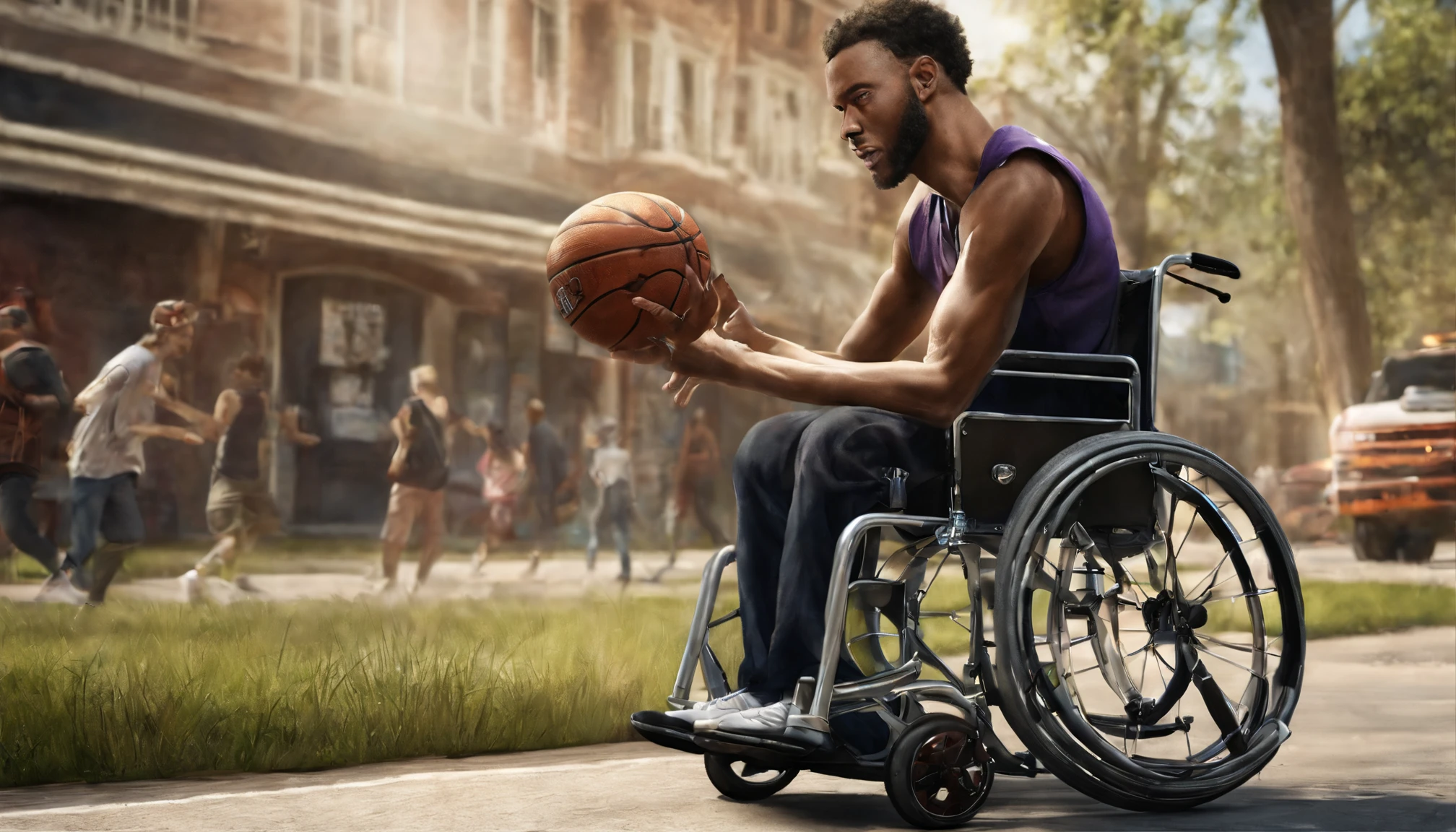 A person in a wheelchair playing basketball with their friends.