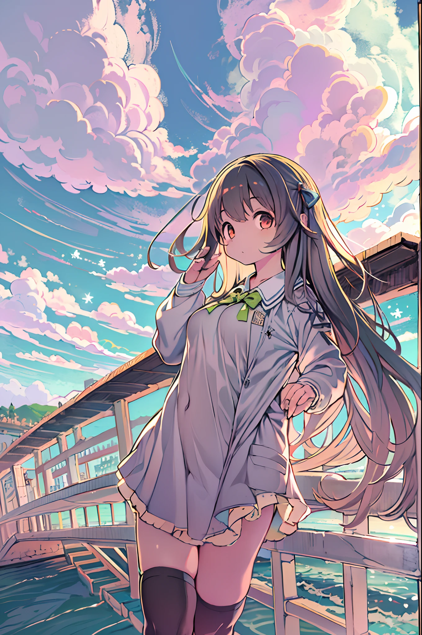 masutepiece,((ligne claire)), limited palette,Best Quality, Flat color, Low contrast, ((1girl in)),(((Very delicate and beautiful girl))),(beautifull detailed face),(Beautiful detailed eyes),{Long hair},hair adornments,((middlebreasts)),cabelos preto e longos,Hair Ribbon,School uniform , Standing,((Looking at Viewer:1.6)), View from below,Beautiful detailed sky,Bright sky,Cloudy sky,Sunlight, (detailedlight),Lighting,Colorful,ocean,Beach, Bridge,The path to school,Skyscraper, Autumn, Haze