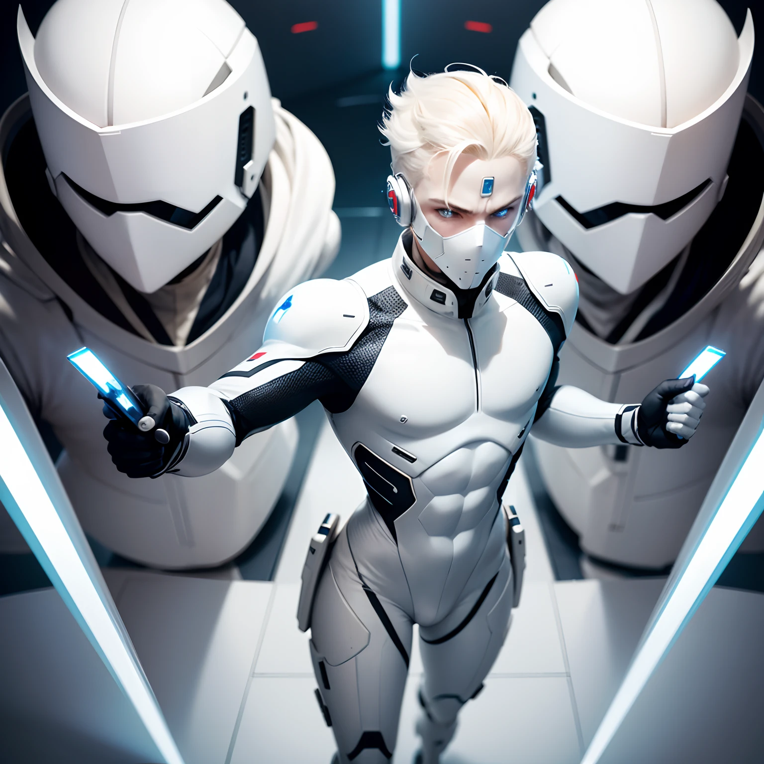(futuristic, sci fi)Male in all white body suit, blonde hair, white gaunlets, full body suit, hands visible, hair visible, pale skin, beautiful face, masterpiece, white futuristic mask covering mouth, eyes visible, evil intent, weapon in hand, soldiers in background, weapon visible