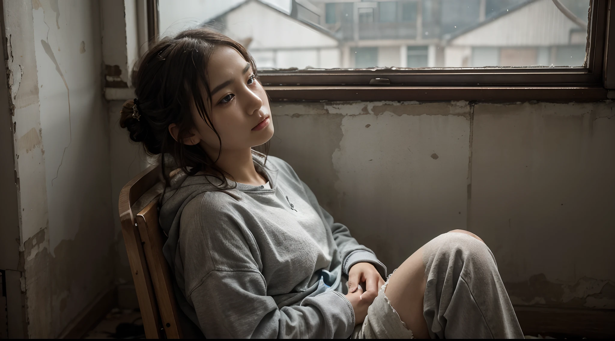(highy detailed，8k，poster for，动态照明，Very detailed faces，There are teardrops，Sad eyes)Torn lonely crying girl with short dark hair，Spread over her pale cheeks。Her eyes shone with tears of sadness，There is a faint red tide on his cheeks。Her lips trembled slightly，It conveys inner pain。She wore a shabby gray sweatshirt，There are several yellowed smudges on the cuffs，Reveal the trajectory of time。Her pants fadedFrom dark blue to pale and weak gray。There are some holes in thetrouser legs，It seems to have experienced endless wandering and frictionThe surroundings are bleak anddeserted，Echoing her emotions。A torn poster hangs on the faded wall，Showing the glory of the past。There was only one dim light in the room，Cast a faint glow，illuminates her brief sanctuary。There was a damp and musty smell in the room，Reflecting the sense of decay in her heart。Outside the window came the sound of the wind blowing through the leaves，With a hint of sadness and desolation。The girl sat alone in a shabby chair，Hold your face in your hands，Try your best to suppress cries of sadness。Her eyes were confused，As if lost in endless darkness，Looking for a glimmer of hope。She is a tearing lonely crying girl，Her appearance、Makeup、Both clothing and environmental details highlight her inner pain and helplessness。